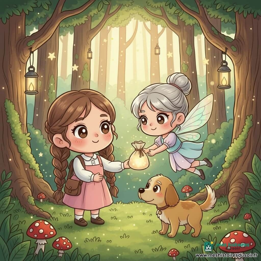 Aurore, jeune fille au visage rond, grand sourire et tresses châtains, tient émerveillée un petit sac magique scintillant que la fée Calypso, délicate aux ailes irisées, cheveux argentés et robe pastel, lui tend en souriant, tandis qu’un vieux chien au pelage doré remue la queue à ses côtés; autour d’eux, une forêt enchantée de mousse, champignons rouges à pois blancs, troncs noueux couverts de lichen et lanternes suspendues baigne la scène de rayons de soleil, particules brillantes et d’une lumière douce, créant une ambiance chaleureuse et pleine d’espoir.
