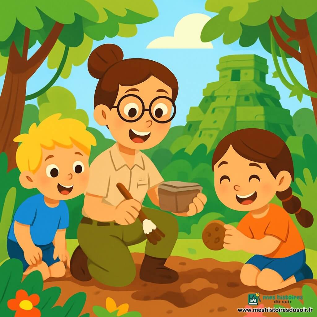 Léa, une femme archéologue aux cheveux bruns en chignon et lunettes, est au centre de l'image, accroupie avec un pinceau et une petite boîte en pierre. À ses côtés, Tom, un garçon de 8 ans aux cheveux blonds en bataille, regarde avec émerveillement, tandis que Léna, une fille de 7 ans avec des cheveux bruns tressés, examine un objet ancien avec un sourire. La scène se déroule dans une jungle luxuriante, avec des arbres, des lianes et des fleurs colorées, et en arrière-plan, des ruines d'un temple ancien. Léa et les enfants partagent un moment d'excitation en découvrant un trésor archéologique, tandis que le soleil éclaire leur aventure.