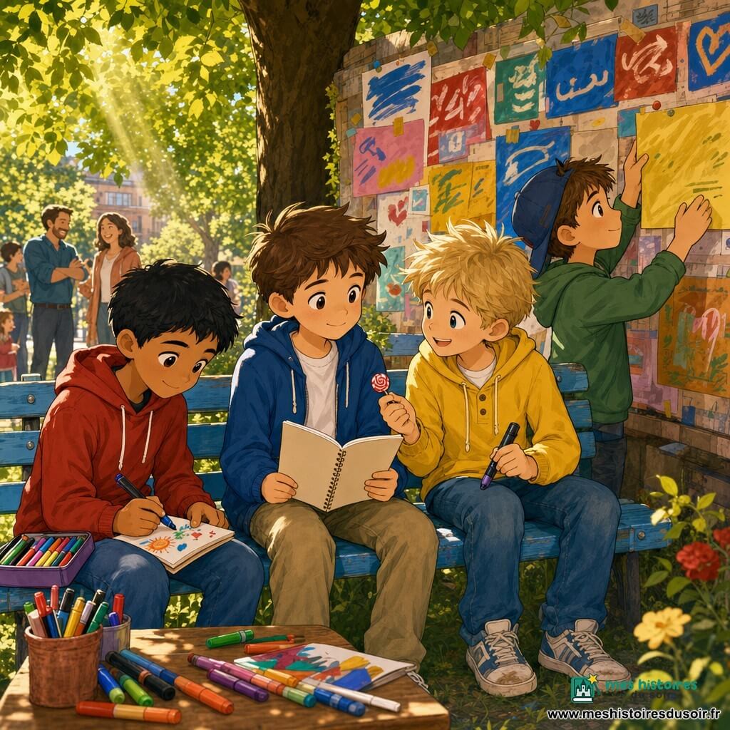 Quatre garçons d’environ 10 ans sont assis autour du « Banc des Langues » dans un petit parc urbain sous un tilleul ; Paul, à la peau claire et cheveux châtains en bataille, est au centre sur le banc bleu avec un petit carnet sur les genoux et un sourire doux ; Samir, d’origine maghrébine, peau hâlée et cheveux noirs courts, est à gauche et écrit « Shukran » en lettres colorées avec des feutres ; Lucas, peau claire et cheveux blonds décoiffés, est à droite, rit doucement, tend un bonbon et tient un feutre épais ; Tom, d’origine allemande, peau claire et casquette à l’envers, est à l’extrémité et colle un mot en allemand sur le panneau derrière eux. Derrière le banc, un panneau-mur improvisé est couvert de papiers colorés et de mots peints en plusieurs langues, des feutres multicolores sont éparpillés sur une petite table en bois ; la lumière filtre en larges rayons dorés, l’herbe est tachetée d’ombre, l’ambiance est calme et chaleureuse, gestes attentionnés et regards amicaux. Style manga doux aux traits ronds, couleurs vives et arrière-plan flou avec des parents souriants au loin.