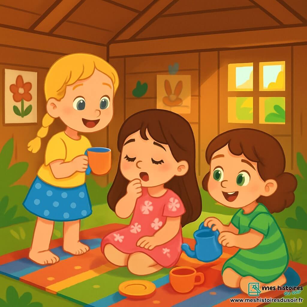 Trois personnages sont présents : Lina, une petite fille de 4 ans avec de longs cheveux bruns, une robe rose et un sourire malgré une légère toux ; Zoé, également âgée de 4 ans, avec des cheveux blonds tressés, un t-shirt jaune et une jupe à pois, qui tient une tasse en plastique ; et Mia, avec des cheveux châtains bouclés, une robe verte à rayures, qui fait semblant de servir du thé. L'action se déroule dans une cabane en bois entourée de verdure, avec une ambiance chaleureuse grâce à des rayons de soleil et des décorations murales. Les trois amies jouent à la dînette, partageant rires et réconfort, transformant leur goûter en un moment joyeux.