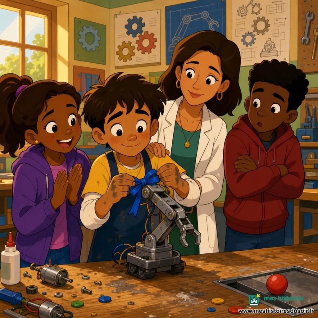 Hugo, 10 ans, sourit timidement en attachant un ruban bleu au cou de son petit robot, les joues roses et les mains pleines de graisse et de colle; Maya, 10 ans, à gauche en queue de cheval applaudit doucement, Lucas, 11 ans, à droite, bras croisés, paraît surpris mais attendri, tandis que la maîtresse d'une trentaine d'années pose la main sur l'épaule d'Hugo, fière, derrière une grande table d'atelier encombrée de traces de colle, vis, moteurs et boutons, une balle rouge roulant près d'une trappe métallique, affiches et schémas au mur, la scène baignée d'une lumière chaude et d'une atmosphère de camaraderie.