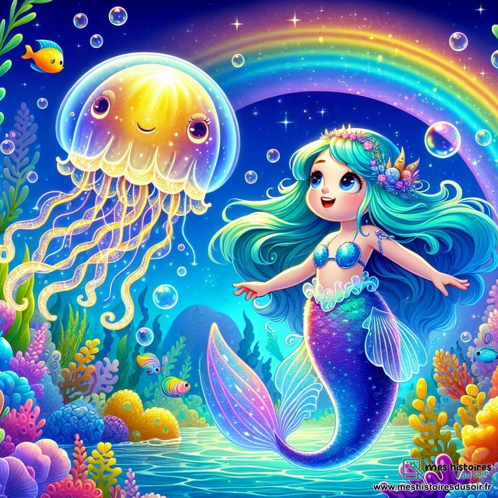 Au centre de l'image, une petite sirène nommée Luna, avec de longs cheveux turquoise et une nageoire scintillante en dégradé de bleu et violet, nage avec un grand sourire émerveillé. Ses yeux brillent d'excitation alors qu'elle découvre un royaume sous-marin magique. À côté d'elle, une méduse dorée, translucide, avec des tentacules délicats, exprime une sagesse bienveillante et semble encourager Luna. En arrière-plan, un jardin d'algues multicolores s'étend, où des poissons arc-en-ciel nagent joyeusement. Des bulles d'air s'élèvent doucement, ajoutant une touche de magie. Luna s'approche d'une grande porte de corail, ornée d'algues brillantes, avec un regard déterminé, prête à entrer dans un monde mystérieux.