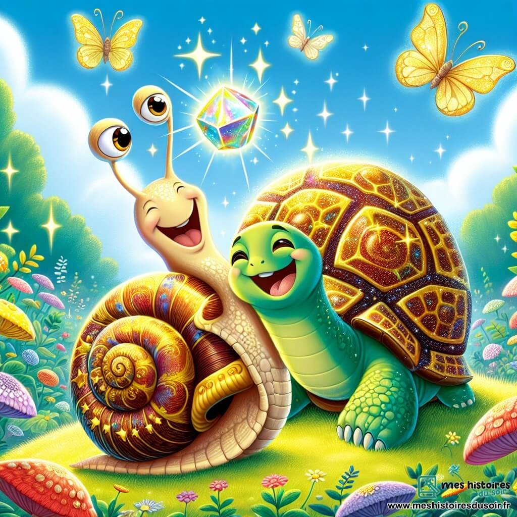 Un escargot nommé Léo, avec une coquille brillante et des antennes dressées, exprime sa joie en glissant sur un tapis de mousse verte. À ses côtés, une tortue nommée Tilly, avec une carapace dorée et un visage doux, sourit en tenant une pierre magique scintillante. La scène se déroule dans une clairière enchantée, remplie de fleurs colorées et sous un ciel bleu. Des papillons volent autour d'eux, ajoutant de la magie à l'atmosphère. Léo et Tilly célèbrent la retrouvaille de la pierre magique, symbolisant l'amitié et l'entraide dans leur forêt.