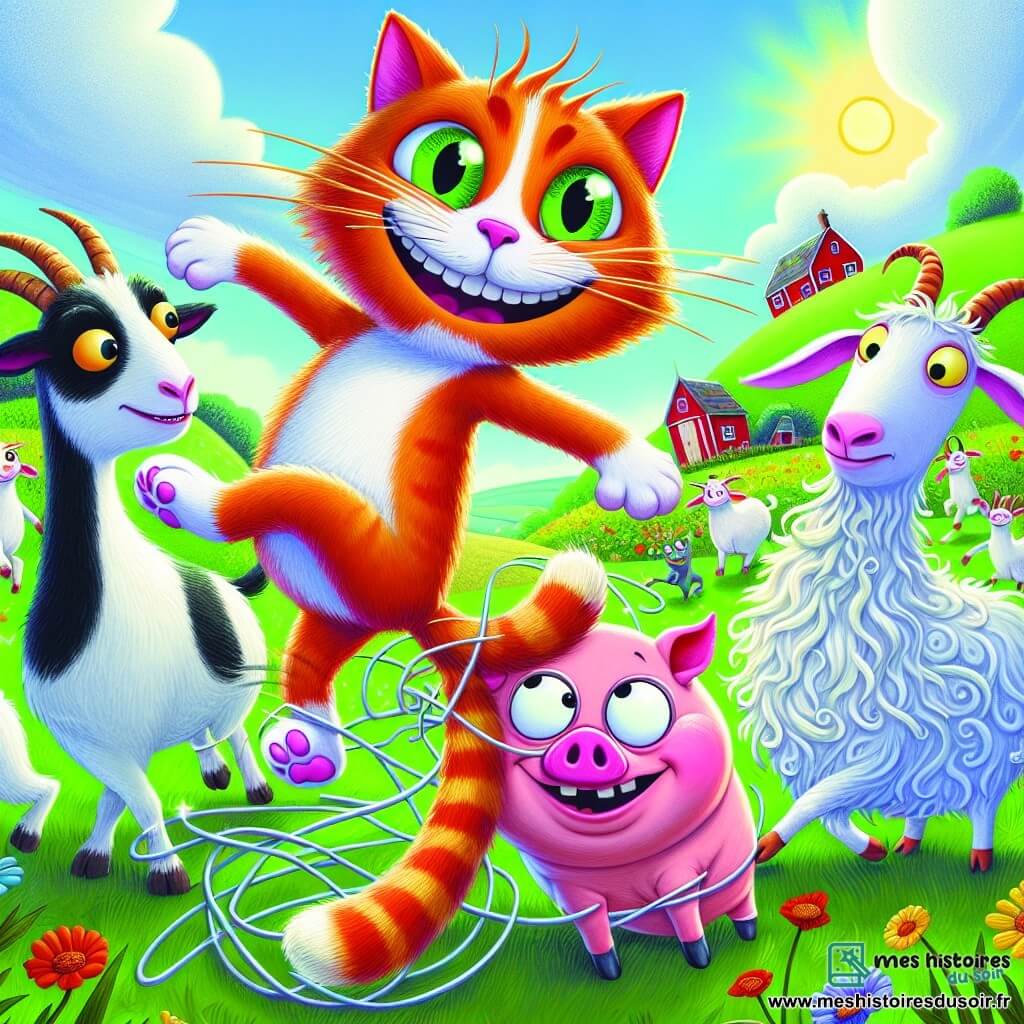 Max, le chat orange, danse maladroitement dans un champ verdoyant, tandis que Gaby, la chèvre blanche, saute avec enthousiasme et Léo, le cochon rose, tourne sur lui-même, tous affichant des expressions de joie. En arrière-plan, une ferme colorée se dresse sous un ciel bleu, entourée de fleurs sauvages. La scène illustre un moment joyeux lors du Grand Concours de la Ferme, avec des animaux curieux qui les encouragent.