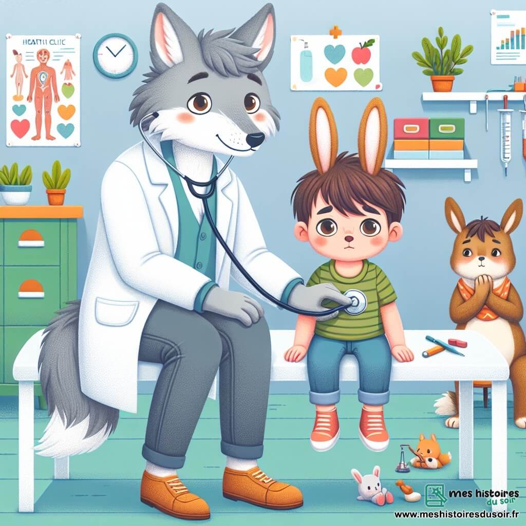Le docteur Loup est un homme-loup souriant avec un pelage gris et des yeux doux. Il porte une blouse blanche et un stéthoscope, tenant la main d'un petit lapin malade avec une expression rassurante. Petit Lapin, un garçon d'environ 5 ans avec des oreilles de lapin, est assis sur une table d'examen, regardant le docteur avec espoir. Maman Lapin, une femme lapin au pelage brun, se tient à côté de lui, montrant une légère inquiétude mais aussi confiance envers le docteur. La scène se déroule dans une clinique animalière colorée, avec des posters de santé, des jouets et des plantes. Le docteur Loup écoute le cœur de Petit Lapin tandis que Maman Lapin observe, espérant que son petit se sentira mieux bientôt.