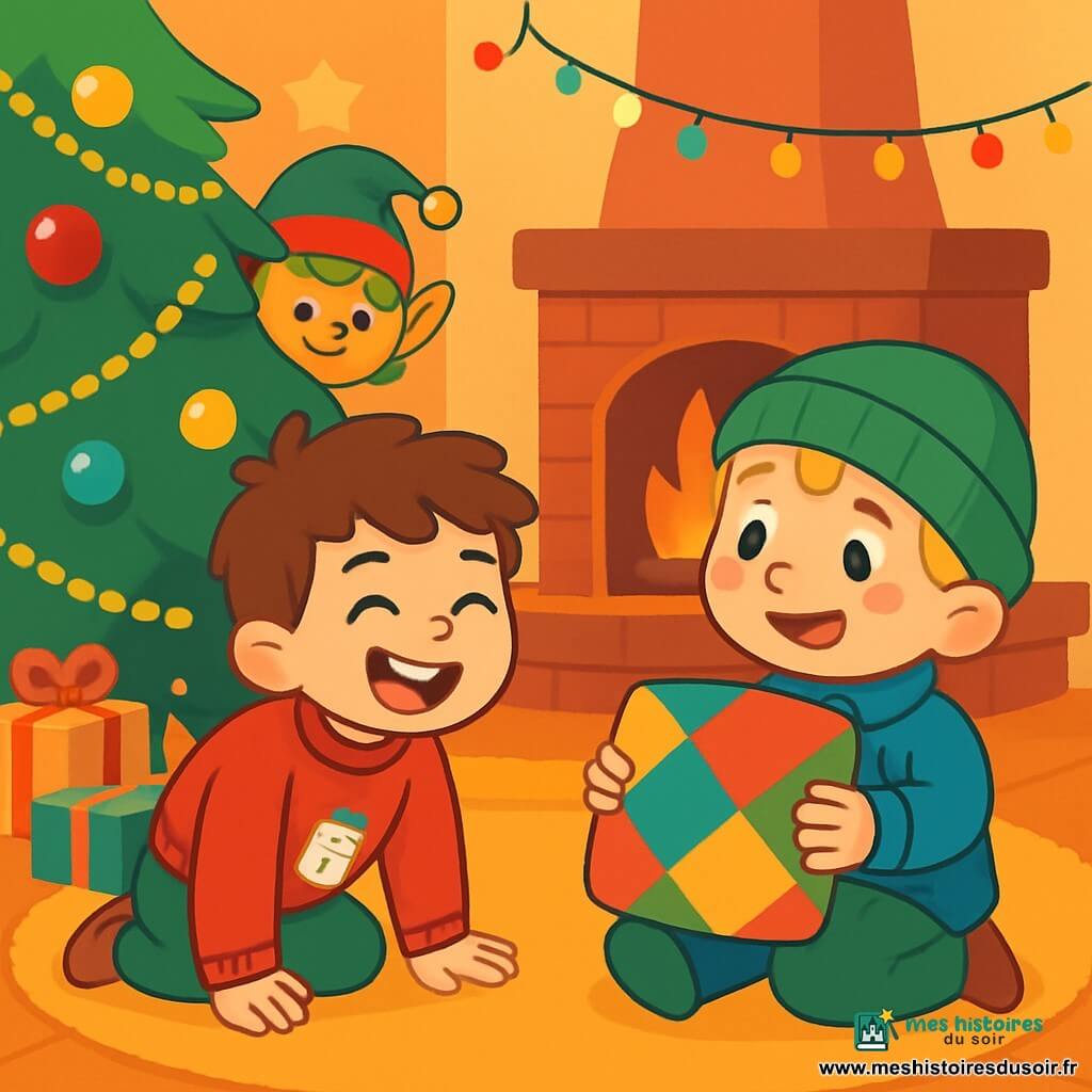 Il y a trois personnages : Tom, un garçon de 6 ans aux cheveux bruns en bataille et aux yeux malicieux, portant un pull rouge avec un bonhomme de neige, accroupi près du sapin en riant ; Léon, un garçon de 5 ans aux cheveux blonds et aux taches de rousseur, avec un bonnet vert et un manteau bleu, assis sur le tapis avec un coussin coloré ; et le Lutin Farceur, un petit lutin aux cheveux verts et à la peau dorée, vêtu d'un costume rouge et vert, caché derrière le sapin avec un sourire malicieux. La scène se déroule dans une salle de séjour chaleureuse, décorée pour Noël avec un grand sapin scintillant, des cadeaux colorés, des lumières clignotantes, un tapis moelleux et une cheminée en briques. Tom et Léon rient en cherchant des surprises cachées par le Lutin Farceur.