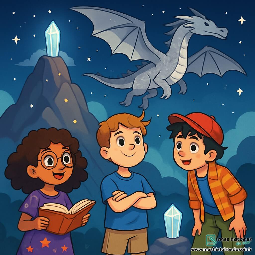 Trois personnages se tiennent ensemble : Lila, une fille de 10 ans aux cheveux bouclés et lunettes rondes, portant une robe violette avec des motifs d'étoiles et tenant un livre ; Lucas, un garçon avec des cheveux châtains et des taches de rousseur, vêtu d'un t-shirt bleu et d'un short beige, souriant en regardant le dragon ; et Milo, un garçon aux cheveux noirs en bataille et casquette rouge, en chemise à carreaux et pantalon cargo, observant le dragon avec curiosité. L'action se déroule sur une montagne majestueuse avec des rochers scintillants sous un ciel étoilé et une statue de cristal au sommet. Les trois amis sont face au dragon majestueux aux écailles argentées, prêts à relever le défi, symbolisant leur courage et leur amitié.