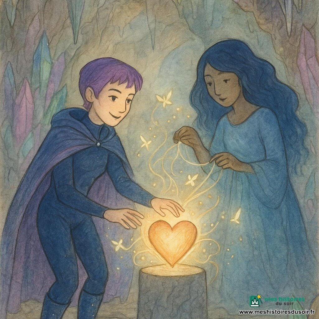 Stella Volt, déterminée et douce, sourit calmement : elle porte une combinaison bleu nuit brillante, bottes étincelantes, cape irisée et cheveux violets courts, une main sur un Cœur-Lumière posé sur un socle d'où ses doigts envoient un rayon chaud; Ombrelune, silhouette fluide bleu-ombre et visage timide, se tient derrière pour démêler des fils scintillants autour du cœur pendant que de petits papillons d'étoiles dorés et blancs voltigent; la scène, dans une caverne tapissée de cristaux violacés et verts avec stalactites fines et sol de pierre parsemé de fleurs phosphorescentes, montre la réparation du Cœur-Lumière : fils emmêlés, étincelles douces et vagues de lumière projetant des silhouettes joyeuses sur les parois.