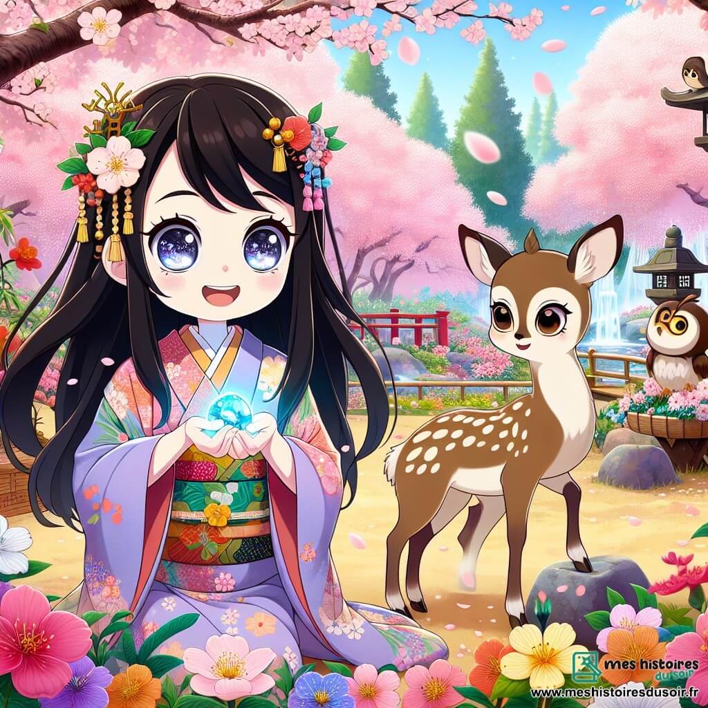 Yuki, une fille de 10 ans, se trouve dans un jardin enchanté, ses cheveux noirs flottant au vent. Elle a des yeux brillants et un sourire émerveillé, tenant une petite pierre bleue scintillante. Vêtue d'un kimono coloré avec des motifs floraux, elle exprime curiosité et joie. À ses côtés, un jeune cerf timide s'approche, tandis qu'un hibou sage l'observe depuis une branche. Le jardin est magique, avec des cerisiers en fleurs, une fontaine murmurante et des lanternes illuminées. Yuki découvre la magie de la pierre bleue, prête à aider les animaux, avec un regard déterminé et bienveillant.
