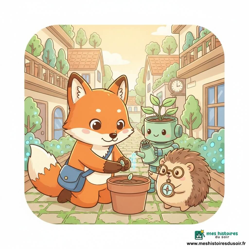 Renard roux anthropomorphe au pelage orange vif et ventre crème, sac bleu en bandoulière, sourire doux, agenouillé pour planter une petite graine lumineuse dans un pot en terre ; Hérisson Émile, petit et rond aux piquants beige, lunettes rondes, tenant une boussole pointée vers la graine, debout à côté du renard ; Lili, robot-plante pastel vert dont le pot fait office de corps et porte des feuilles délicates, arrosoir transparent dans une main mécanique, arrosant doucement depuis l’arrière ; décor : ruelle végétale du Quartier des Jardins d’Avenir avec toits-jardins fleuris, balcons à mini-arbres, plantes phosphorescentes bleu-vert le long d’un chemin pavé de mousses et une vieille horloge aux aiguilles tournant à l’envers au loin ; moment tendre et décidé, lumière dorée douce, couleurs pastel nettes, composition centrée, atmosphère paisible et optimiste, traits simples, formes rondes et textures douces pour un rendu kawaii minimal.