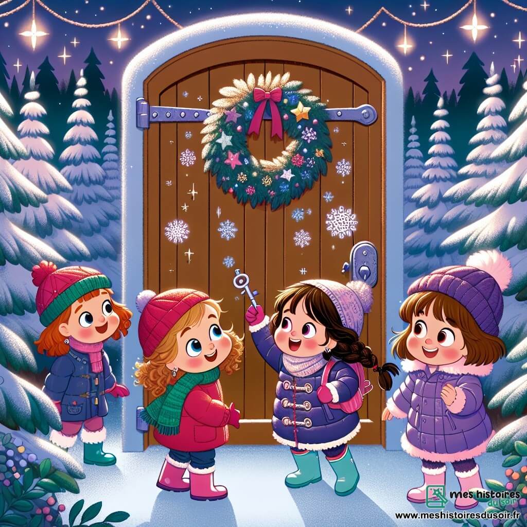 Quatre petites filles de quatre ans se tiennent devant une grande porte en bois ornée de flocons de neige, dans une forêt enchantée. Chloé, aux cheveux bruns et bouclés, porte un bonnet rouge et une écharpe verte, et regarde la porte avec excitation. Emma, blonde et lisse, porte un manteau rose et des gants blancs, souriant joyeusement en pointant la porte. Lou, avec des cheveux châtains tressés en nattes, est en manteau bleu et bottes en caoutchouc, impatiente de l'ouvrir. Mia, aux cheveux noirs et frisés, porte une doudoune violette et tient la clé en argent, souriante. La scène magique est illuminée par la lune, et les amies s'apprêtent à ouvrir la porte vers le Pays de Noël, rempli de lutins joyeux et de magie.