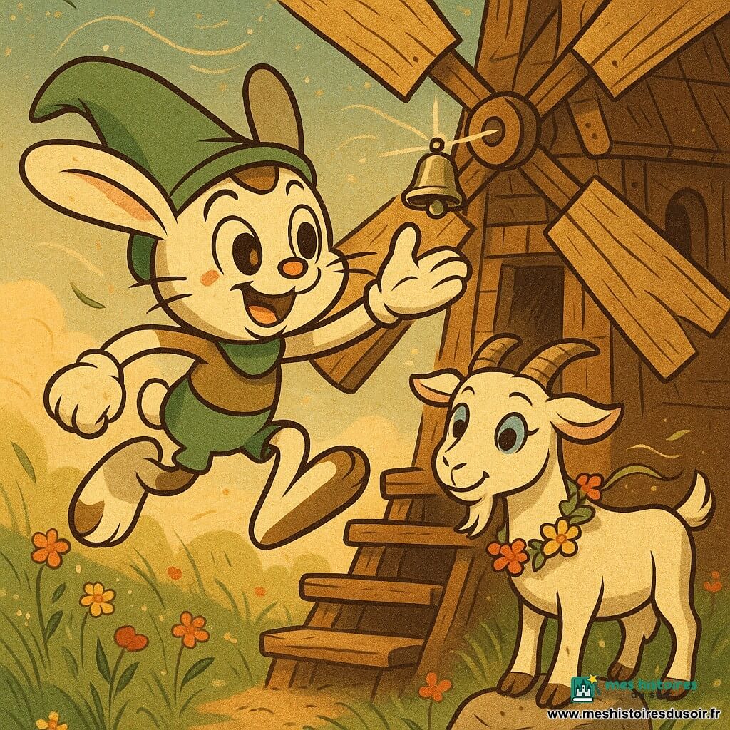 Lutin, petit lapin au pelage crème tacheté de brun, grands yeux noisette et moustaches fines, visage lumineux, saute sur une marche du vieux moulin pour attraper une clochette argentée suspendue à une pale. Derrière lui, Guimauve, chèvre au pelage crème, cornes courtes et yeux bleu clair, pose une patte sur une pierre, sourire encourageant, son collier de fleurs sauvages flottant au vent. Le Champ des Souffles : hautes herbes ondulantes, fleurs colorées, poussière dorée et un vieux moulin en bois aux pales usées; un vent joueur soulève brins d'herbe et pétales, les pales tournent lentement, la clochette capte un rai de soleil. Atmosphère joyeuse et héroïque, couleurs chaudes, contrastes nets, traits ronds, textures simples et lignes souples dans un style rubber hose.