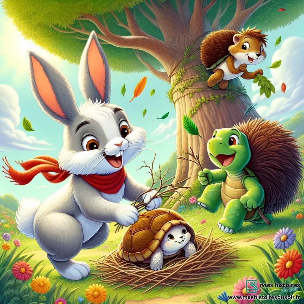 Un petit lapin nommé Léon, aux grandes oreilles et au pelage blanc, saute de joie avec un sourire. Il porte un foulard rouge et tient des brindilles. À côté de lui, Clara la tortue, avec sa carapace verte et ses yeux curieux, sourit en tenant une feuille colorée. Sam le hérisson, avec ses piquants bruns et son air déterminé, cherche des plumes tout en regardant ses amis avec enthousiasme. La scène se déroule sous un grand arbre, entouré de fleurs multicolores et d'herbe verte, où les rayons du soleil créent une ambiance joyeuse. Les trois amis construisent un nid pour les oiseaux, unissant leurs forces et leurs sourires, illustrant la magie de l’amitié.