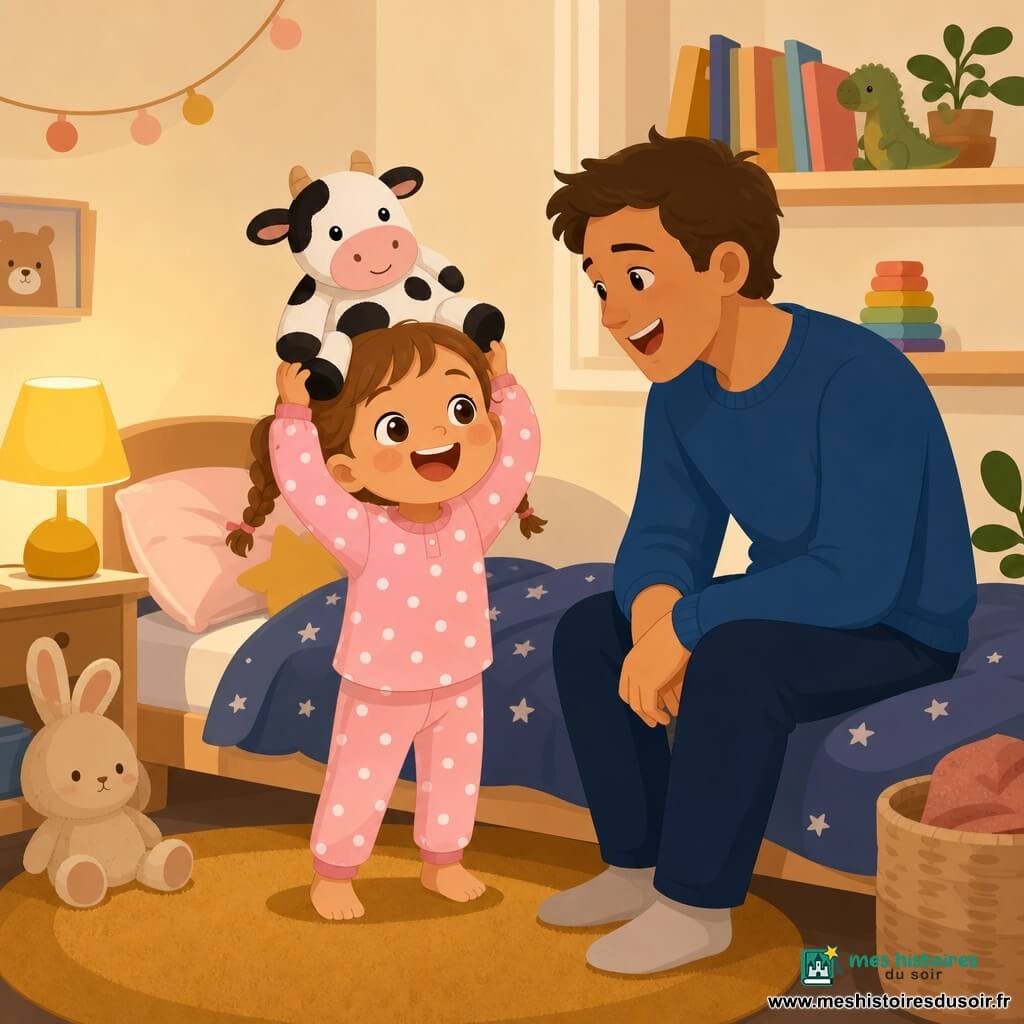 Une fillette de 2 ans, malicieuse et souriante, cheveux châtain clair en deux nattes, en pyjama rose à pois, rit en tenant une petite vache en peluche blanche et noire posée sur sa tête; son père d'environ 30 ans, aux cheveux bruns et en pull bleu, est assis au bord du lit à droite, souriant et chantant; la chambre petite et chaleureuse (murs crème, tapis moutarde rond, lit bas avec couette étoilée, lampe jaune allumée et étagère de livres) crée une ambiance douce et tendre avant le dodo.