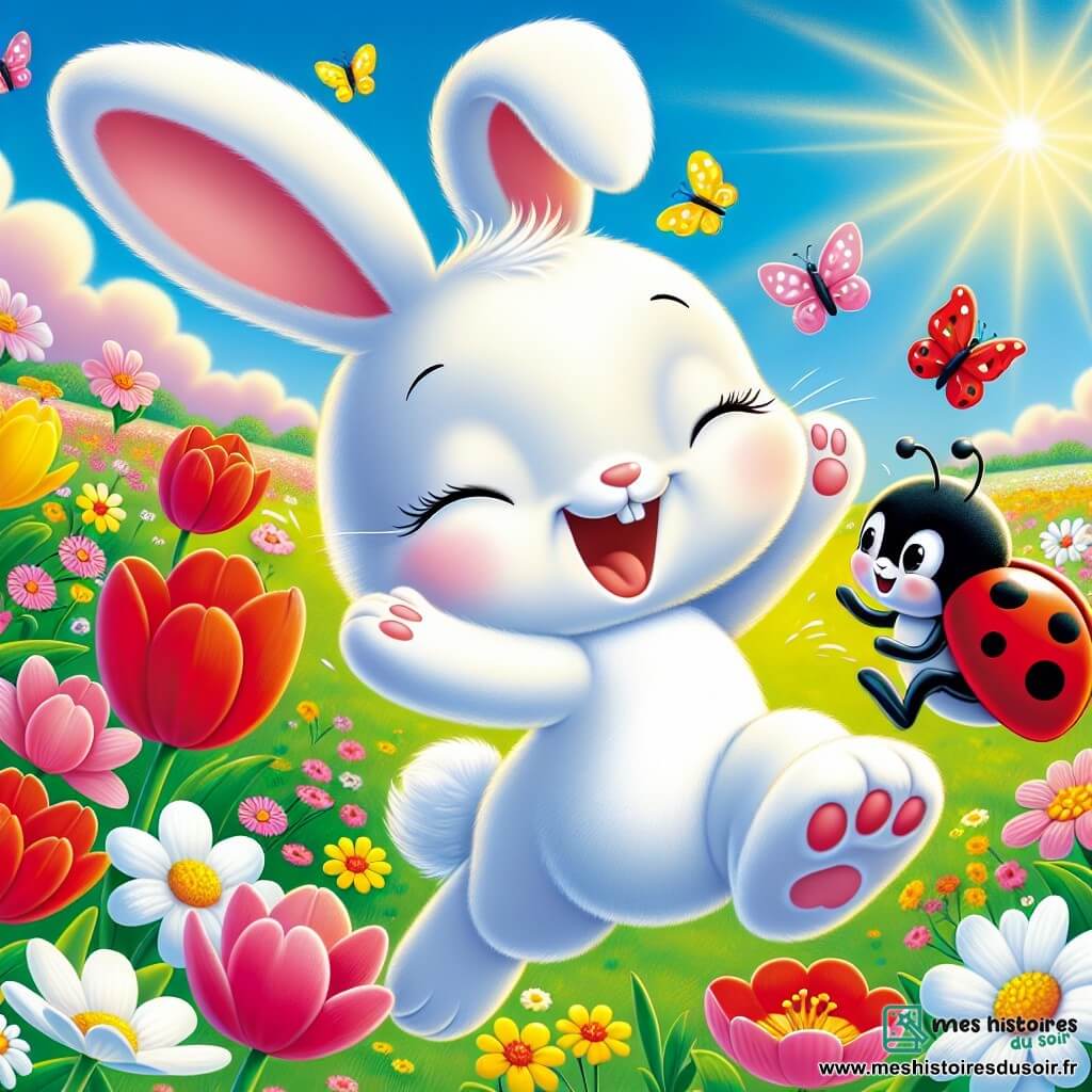 Petit Lapin, un lapin blanc aux grandes oreilles et aux yeux pétillants, saute joyeusement dans un champ de fleurs colorées, souriant et s'amusant. À côté de lui, Coccinelle, une coccinelle rouge à pois noirs, est perchée sur une fleur, battant des ailes en riant. Le champ printanier est rempli de tulipes roses, marguerites blanches et jonquilles jaunes, sous un ciel bleu parsemé de nuages. Ensemble, Petit Lapin et Coccinelle célèbrent la beauté du printemps et la joie de l'amitié.