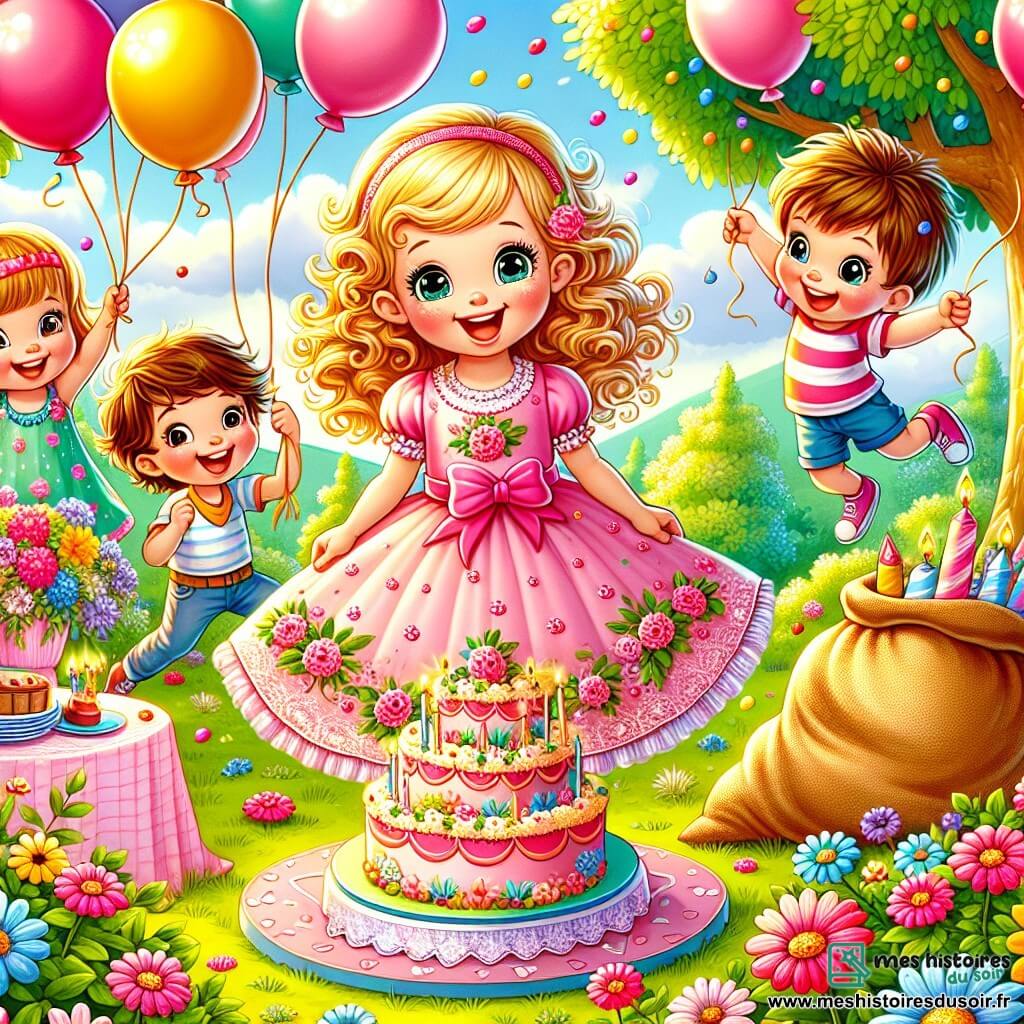 Léa, une petite fille de 4 ans aux boucles blondes et aux yeux pétillants, se tient au centre d'un jardin coloré pour son anniversaire, entourée de ses amis et de ballons flottants. Elle porte une robe rose à motifs floraux et sourit de bonheur. À sa droite, Emma, également âgée de 4 ans, saute de joie avec un ballon rouge, tandis qu'à sa gauche, Tom, un garçon de 5 ans, rit en tenant un sac de course. Lucas, un garçon de 4 ans, se cache derrière un arbre, prêt à jouer. Le jardin est orné de fleurs colorées, d'une table avec un gâteau en forme de château et de guirlandes multicolores. Léa souffle les bougies de son gâteau, entourée de rires et de sourires, célébrant une journée joyeuse.