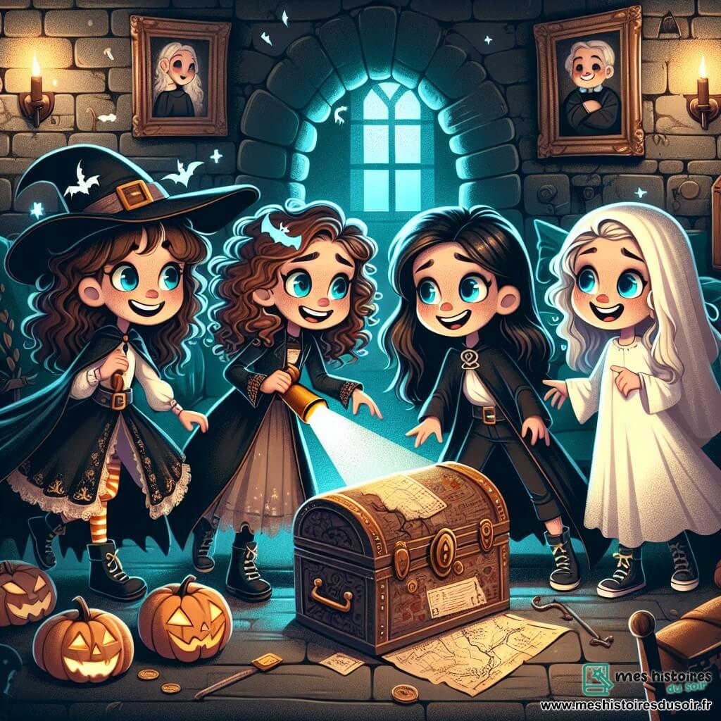 Dans une vieille maison mystérieuse, quatre filles de onze ans se tiennent ensemble, éclairées par leurs lampes torches. Zoé, en costume de sorcière, sourit en tenant un vieux plan. À sa droite, Léa, déguisée en vampire, observe avec curiosité et peur. Camille, en fantôme, frissonne, tandis que Jade, en citrouille souriante, pointe un coffre ancien au centre de la pièce. La pièce est sombre, avec des murs en pierre, des toiles d'araignées et des meubles poussiéreux. Une horloge ancienne et des portraits de famille ajoutent à l'atmosphère magique et inquiétante. Les filles viennent de découvrir un coffre mystérieux et s'apprêtent à l'ouvrir, leurs cœurs battant d'excitation et d'appréhension.