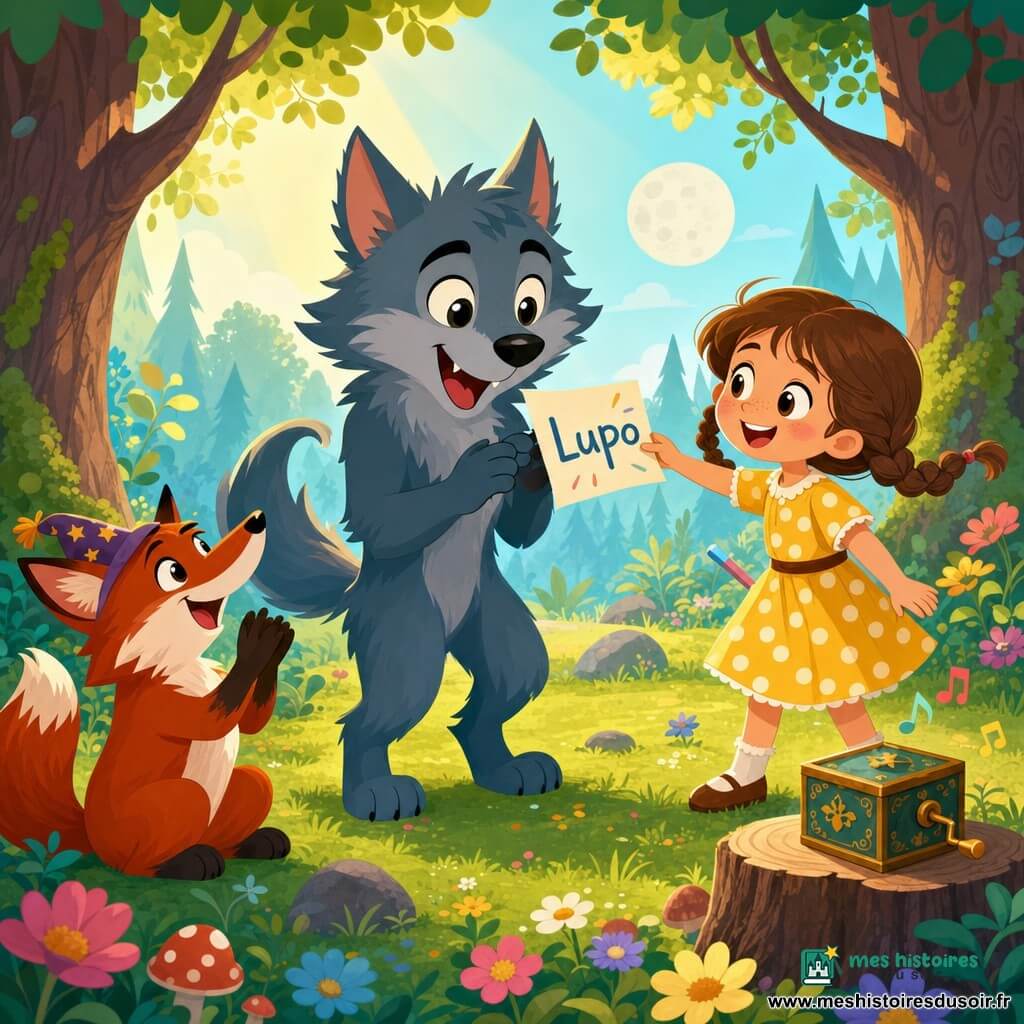 Un loup-garou tendre et souriant, poils gris-bleu, grandes oreilles pointues et queue frisée, tient une feuille où est écrit "Lupo" et la regarde avec des yeux ronds et brillants; à sa droite, une fillette d'environ 7 ans aux tresses brunes et robe jaune à pois lui tend la feuille en souriant, à gauche un renard roux espiègle, assis et applaudissant, porte un petit chapeau pointu; la scène se déroule dans une clairière lumineuse aux mousses et fleurs colorées, arbres aux troncs arrondis, ciel pastel avec une lune pâle, quelques pierres et une boîte chantante sur une souche, ambiance douce et joyeuse de découverte, lumières dorées filtrant entre les feuilles, style flat design aux formes rondes et couleurs contrastées.