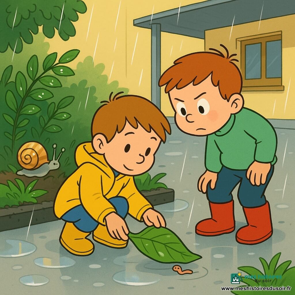 Trois personnages : Malo, garçon d'environ 7 ans, accroupi en veste imperméable jaune et pantalon bleu, tient une grande feuille humide pour guider doucement un petit ver vers la terre du jardin ; Noé, du même âge, debout en pull vert clair et bottes rouges, penché et observant avec sérieux ; un escargot à coquille beige rayée est sur une touffe d'herbe en arrière-plan, laissant une trace brillante. La scène se passe dans une cour d'école après l'averse : sol et flaques miroitants, bordure de jardin sombre et humide, buissons vernissés et bâtiment scolaire pâle ; l'atmosphère est calme et attentive, l'air sent la terre humide et des gouttes pendent aux feuilles.