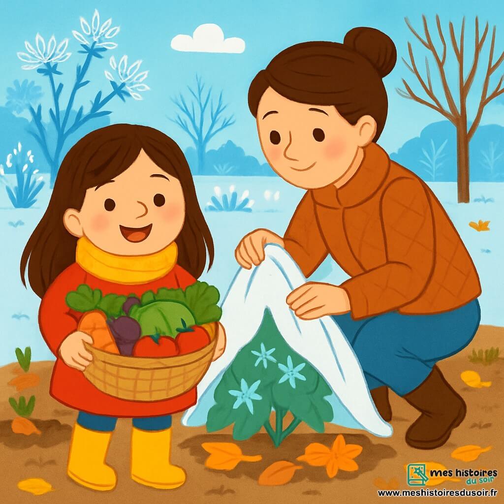 Une petite fille de 6 ans, Mila, sourit en tenant un panier de légumes colorés. Elle porte un manteau rouge, une écharpe jaune et des bottes en caoutchouc. À ses côtés, sa maman, environ 30 ans, couvre une plante avec un voile blanc, concentrée. Le jardin hivernal est enchanteur, avec des fleurs gelées, des arbres nus et un ciel bleu clair. Mila et sa maman préparent le jardin pour l’hiver, entourées de feuilles dorées et de légumes frais, créant une atmosphère chaleureuse.