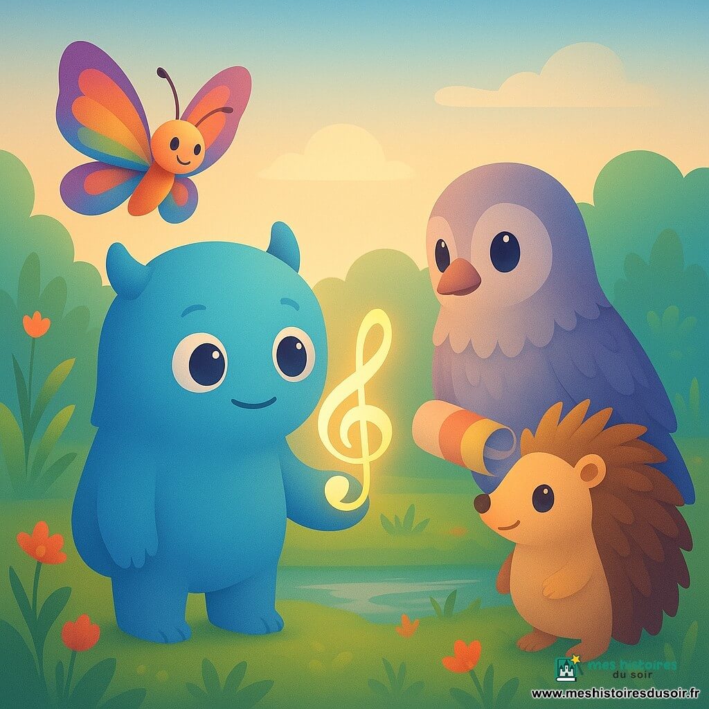 Mirlo, un petit monstre au pelage bleu tendre et aux yeux ronds, tient une clef de sol brillante avec une expression déterminée. À côté de lui, Griselle la Griffonne, avec ses plumes chatoyantes, sourit timidement en tenant un rouleau de papier coloré. Pipa, un papillon-boulanger aux ailes multicolores, vole joyeusement autour de Mirlo. Néo, un hérisson-luthier aux piquants dorés, observe avec un sourire bienveillant. Ils sont au bord d’un marais aux miroirs, entouré de fleurs sous la lumière du matin. Mirlo utilise la clef de sol pour jouer une mélodie magique, apportant chaleur et compréhension.