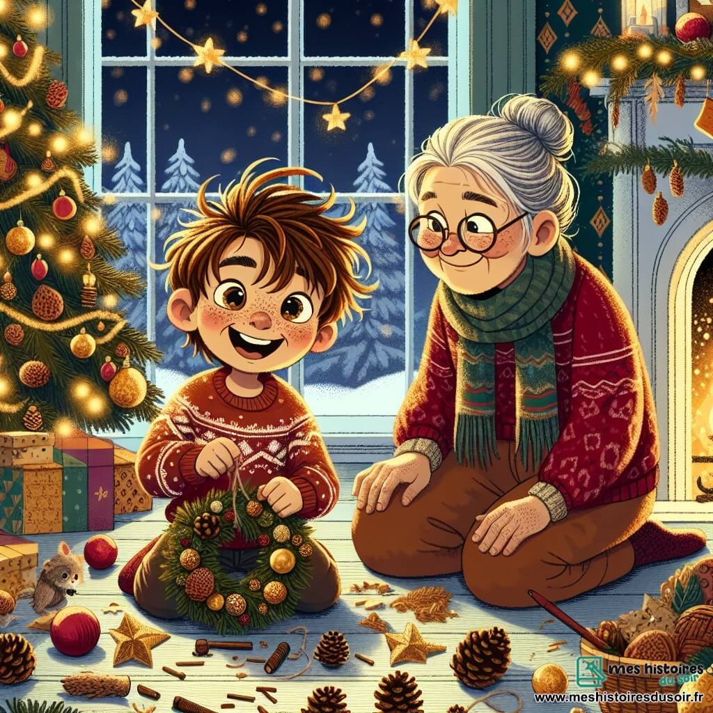 Léo, un petit garçon de 4 ans aux cheveux châtains en bataille et aux joues roses, est assis par terre, entouré de pommes de pin et d'étoiles dorées, rayonnant de joie en assemblant une couronne de Noël. Sa grand-mère, une femme douce d'environ 70 ans avec des cheveux gris en chignon et des lunettes rondes, admire son travail avec un sourire ému, vêtue d'un pull rouge festif et d'une écharpe en laine. La scène se déroule dans un salon chaleureux décoré pour Noël, avec un sapin scintillant et une cheminée crépitante, tandis que des flocons de neige tombent doucement à l'extérieur. Léo montre fièrement sa couronne à sa grand-mère, prêt à lui offrir ce cadeau fait main, symbole de son amour et de la magie de Noël.