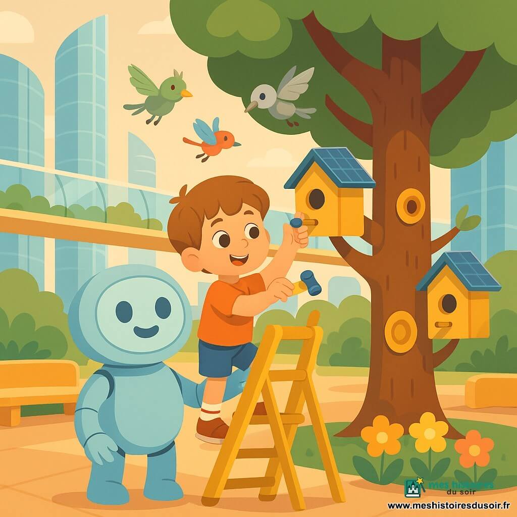 Un garçon de 4 ans aux cheveux châtain clair monte une petite échelle pour fixer un nichoir vert-jaune sous un sourire concentré, aidé par Ronda, un robot-assistant non humain, grand comme un coussin, carrosserie bleu pâle et écran rond affichant un sourire, qui tient l’échelle; trois petits oiseaux mécaniques colorés (vert, argenté, rouge) volent et se posent près des nichoirs; la scène se situe dans la place urbaine futuriste “Quartier Miel”, avec immeubles vitrés, un arbre robuste aux attaches dorées, bancs aux coins ronds, un jardin suspendu à passerelle transparente, fleurs changeant de couleur et mini-panneaux solaires en forme de chapeaux sur les nichoirs, le tout baigné d’une douce lumière de fin d’après-midi, ambiance calme et chaleureuse, couleurs pastel et composition simple et lisible pour les enfants.