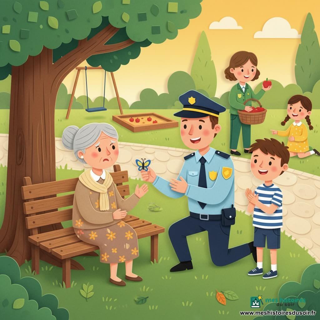 Un policier souriant en uniforme bleu clair accroupi tend une petite broche papillon, une dame âgée aux cheveux gris en chignon et robe à fleurs la reçoit émue sur un banc en bois, Timéo (8 ans) debout applaudit fièrement, Salma (7 ans) accroupie près des racines montre l’endroit où la broche a été trouvée, Madame Lila (gardienne de parc, tenue vert bouteille) offre une pomme en arrière-plan près d’un panier; le parc présente une allée pavée, pelouse verte, grands arbres aux feuilles découpées, balançoire et bac à sable stylisés, lumière douce de fin de journée, couleurs vives en couches, ombres stylisées et contours nets.