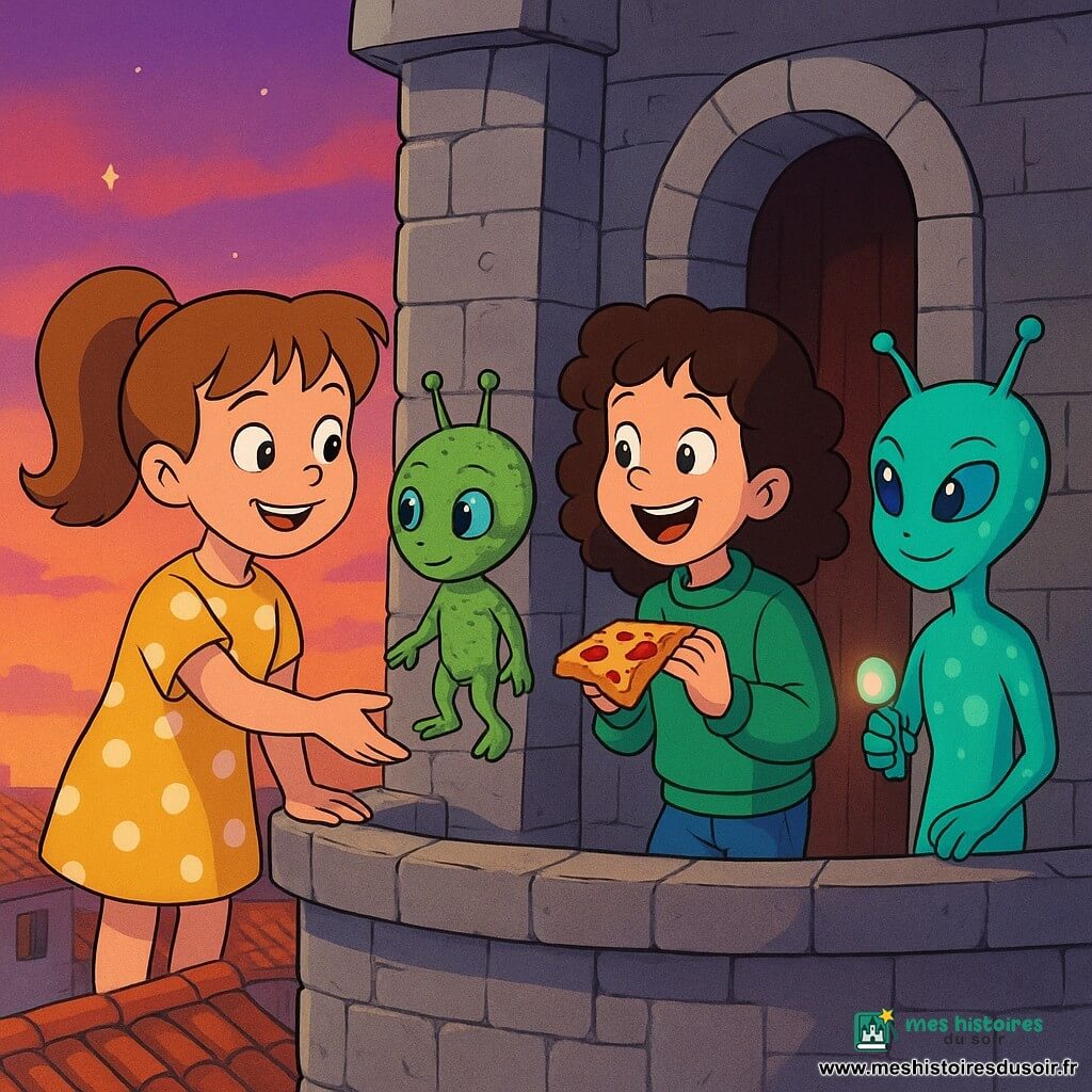 Quatre personnages au sommet d’un vieux clocher au coucher du soleil : Emma, 8 ans, queue de cheval châtain clair en robe jaune à pois, tend la main vers un petit extraterrestre ; Léa, 8 ans, cheveux bruns bouclés en jean et sweat vert, tient une part de pizza et rit à côté d’Emma ; Zok, petit extraterrestre masculin à peau verte mousseuse, grands yeux bleus et antennes, flotte près des filles en regardant la pizza ; Plim, extraterrestre féminin à peau vert turquoise tachetée et sourire curieux, tient un gadget lumineux près de Léa ; pierres grises du clocher, porte en bois rouge ouverte, toits en tuiles orange et ciel crépusculaire rose-violet avec quelques étoiles, ambiance chaleureuse, magique et sûre, style graphique net aux couleurs saturées et contours arrondis rappelant les dessins animés des années 90.