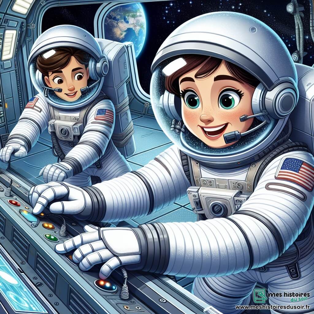 Jean-Luc Moreau, un astronaute, flotte dans l'espace en combinaison spatiale blanche, son casque transparent révélant son visage souriant. Il effectue des réparations sur un panneau de contrôle de la station spatiale, ses yeux brillants de curiosité. À ses côtés, Maria, une collègue aux cheveux bruns en queue de cheval, surveille les niveaux d'énergie sur un écran, concentrée dans sa combinaison aux accents bleus. L'intérieur de la station spatiale Odyssey présente des murs métalliques argentés et des lumières clignotantes, avec des fenêtres offrant une vue sur la Terre. Jean-Luc et Maria travaillent ensemble pour réparer un générateur défectueux, illustrant l'esprit d'équipe et l'aventure spatiale.