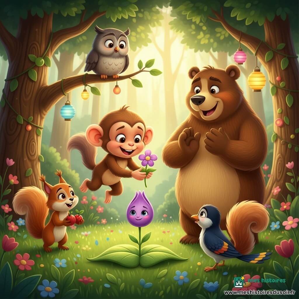 Un petit singe malicieux au pelage brun clair et grands yeux brillants saute sur une branche en tenant délicatement une petite fleur violette anthropomorphisée au visage timide, posée sur une feuille ; un grand ours brun foncé, ému, applaudit en retrait, un vieux hibou gris perché au-dessus observe avec fierté, tandis qu’un écureuil roux et une pie apportent des fruits et admirent la fleur ; la scène se déroule dans une clairière ensoleillée d’une forêt enchantée avec herbe verte, fleurs multicolores, grands arbres et rayons de soleil, guirlandes de feuilles et lanternes suspendues, ambiance festive et chaleureuse, palette vive, ombres nettes et contours marqués (cel-shading), textures douces, composition centrée sur le singe et la fleur avec légère profondeur de champ et contre-plongée pour magnifier la scène.