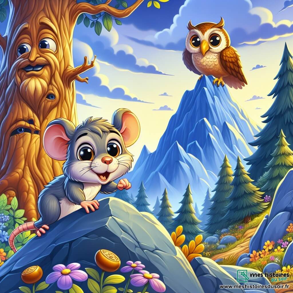 Un petit rat nommé Gustave, avec une fourrure grise et des yeux brillants, se tient sur une pierre au sommet d'une montagne bleue. Son expression est déterminée et joyeuse. À côté de lui, un vieux hibou aux plumes brunes et dorées, avec des yeux sages, le regarde avec fierté. Le décor est une montagne majestueuse, enveloppée de brume, avec des arbres géants et des fleurs colorées. La scène est éclairée par une douce lumière dorée du soleil couchant. Gustave vient de découvrir le trésor du hibou, une collection de glands dorés, et se prépare à les ramener à la forêt, prêt à prouver qu'un petit rat peut accomplir de grandes choses.