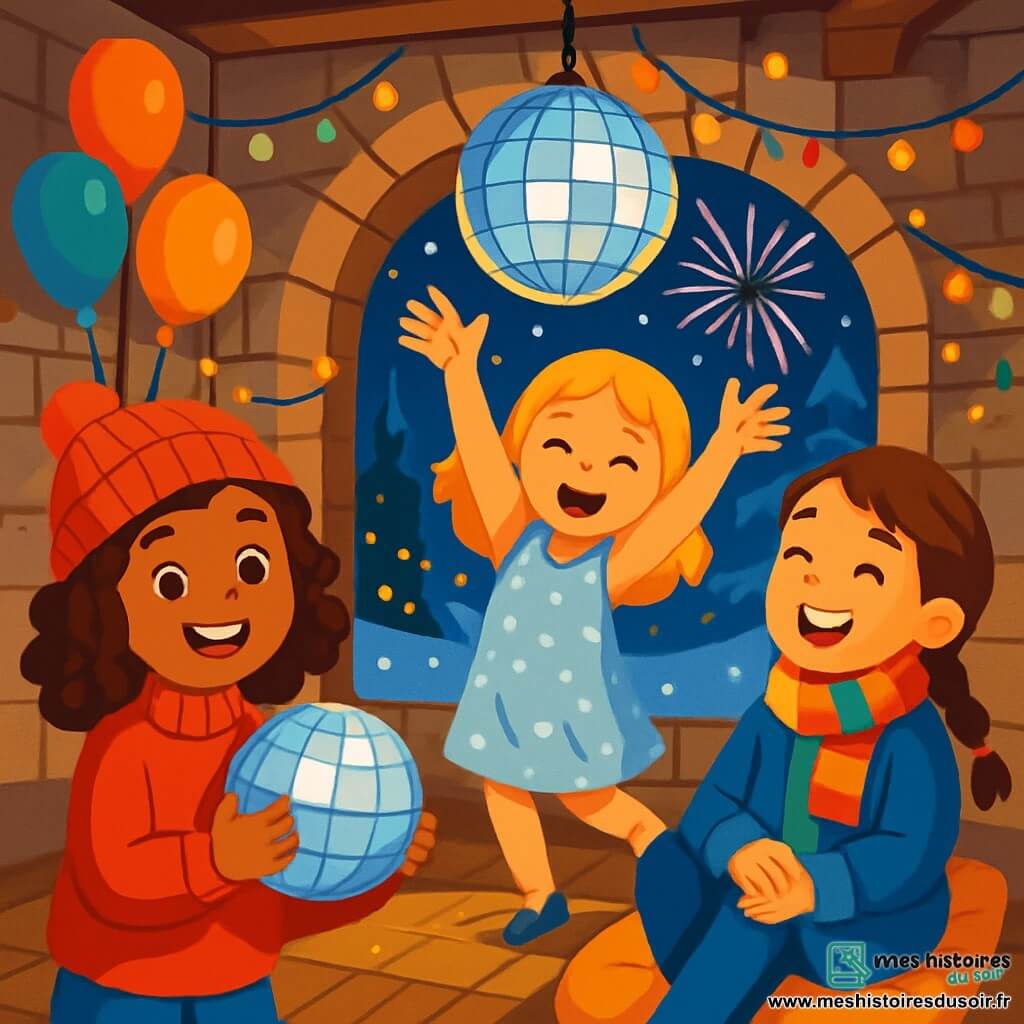 Trois personnages sont présents : Zoé, une fille de 10 ans avec des cheveux bouclés et bruns, souriante avec une boule disco ; Lucie, 9 ans, avec des cheveux blonds, dansant en robe à paillettes argentées ; et Mia, 10 ans, avec des cheveux châtains en tresse, assise sur un coussin, riant avec ses amies. L'action se déroule dans un vieux moulin en pierre décoré pour une fête, avec des guirlandes scintillantes et une boule disco. À l'extérieur, la neige et des feux d'artifice illuminent le ciel. Les amies célèbrent le Nouvel An joyeusement entourées de leurs familles et amis.