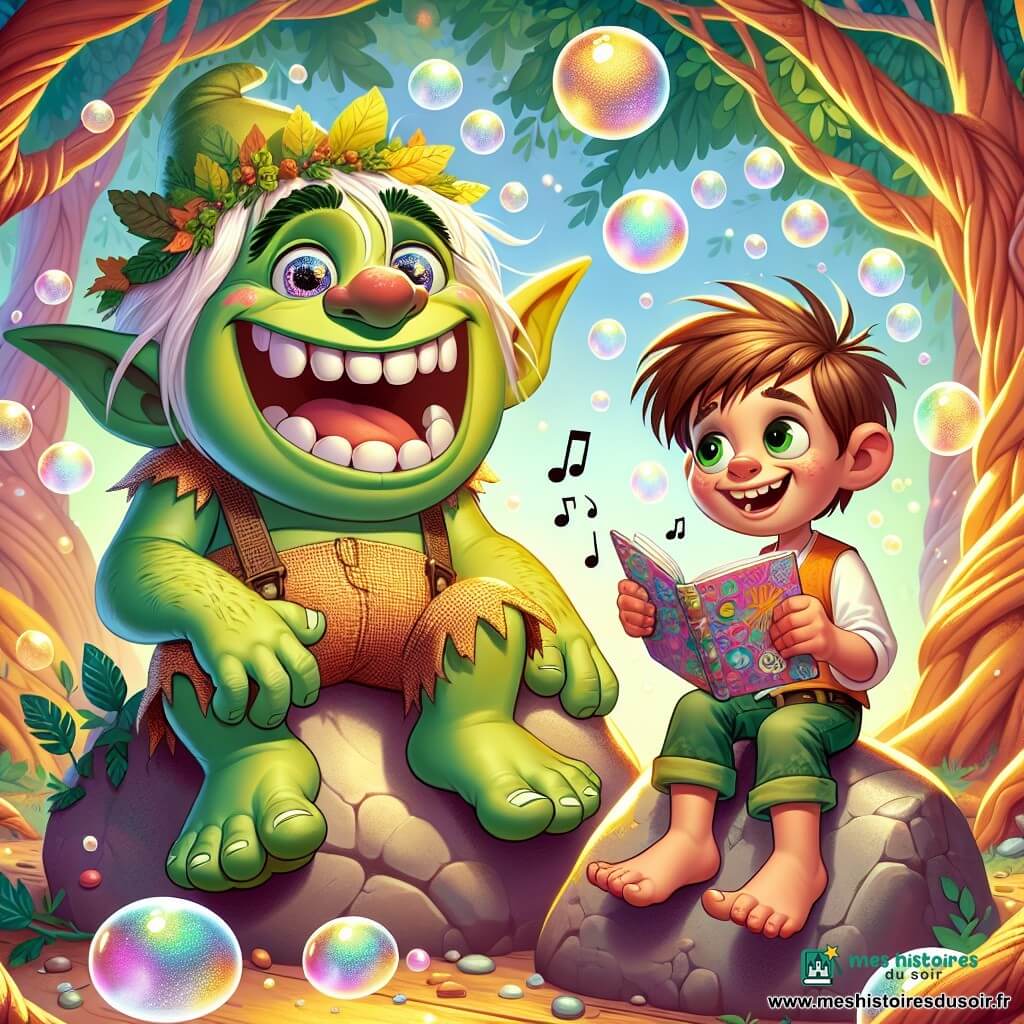 Un troll jovial à la peau verte et aux yeux malicieux, assis sur une grosse pierre, rit aux éclats en montrant ses grandes dents blanches. Il porte un pantalon en toile de jute et un chapeau en forme de feuille. À ses côtés, Timéo, un garçon de 10 ans aux cheveux bruns en bataille et au sourire radieux, tient un carnet coloré, prêt à écrire des paroles de chanson. Ils se trouvent dans une clairière enchantée, entourée d'arbres aux troncs tordus, où des bulles de savon flottent, illuminées par le soleil. La scène représente Timéo et le troll chantant ensemble, entourés de rires et de bulles, créant une atmosphère joyeuse et magique.