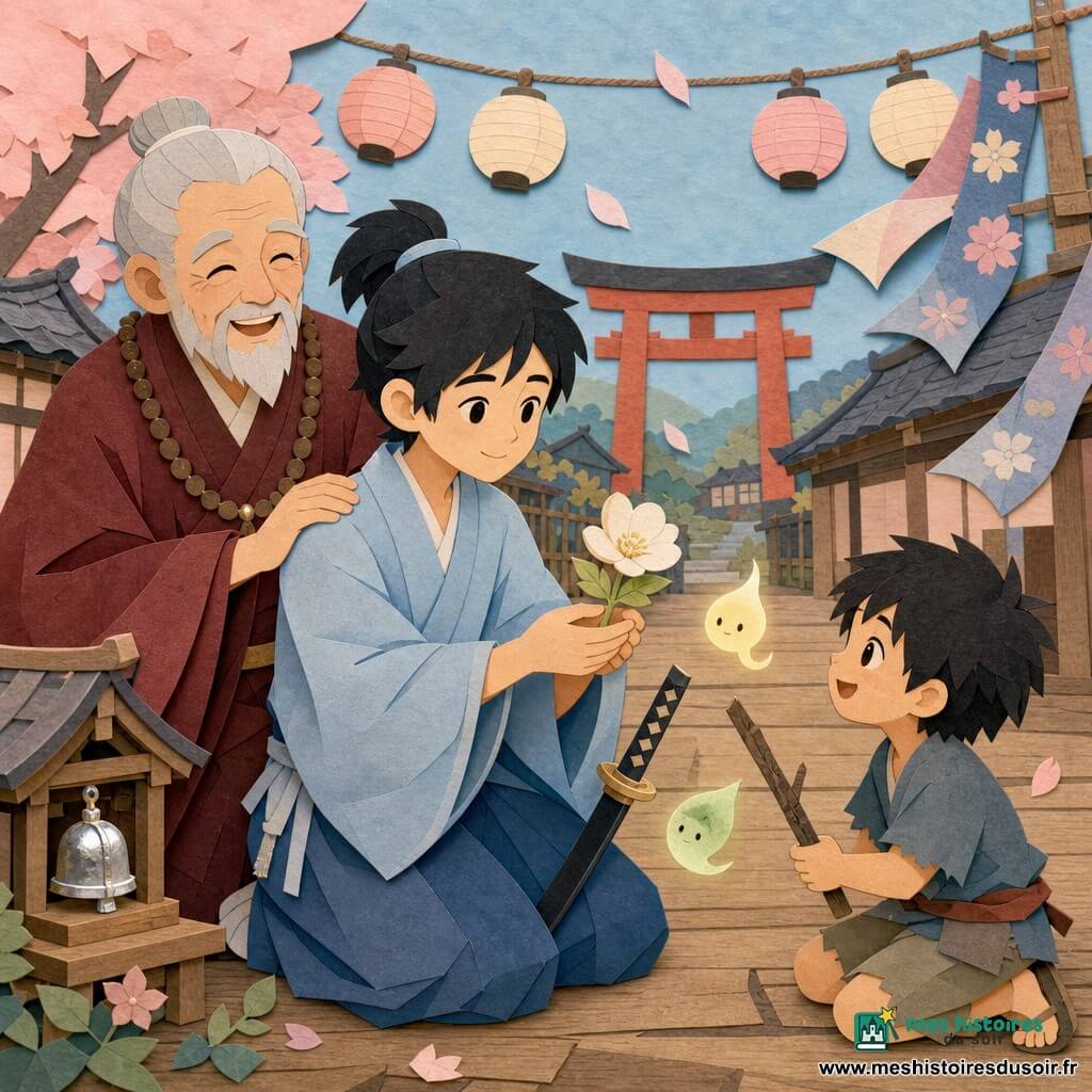 Un jeune homme au visage serein sourit, cheveux noirs en queue de cheval, kimono bleu pâle et petit katana posé à côté de lui ; il tend une délicate fleur blanche à deux mains tandis qu'un prêtre âgé au visage ridé et à la robe rouge foncé pose la main sur son épaule, bienveillant ; un garçon de huit ans aux cheveux en bataille, vêtu simplement, joue à droite avec une branche imitant un sabre et regarde le jeune homme émerveillé ; deux petites lueurs-spirits translucides (jaune pâle et vert tendre) flottent autour du katana ; la scène se déroule sur une place de village en bois bordée de maisons à toits gris et d'un torii rouge, lanternes et banderoles florales flottant au vent, un petit autel avec une clochette argentée à gauche ; atmosphère douce et lumineuse, palette pastel, moment de paix et d'émerveillement partagé.