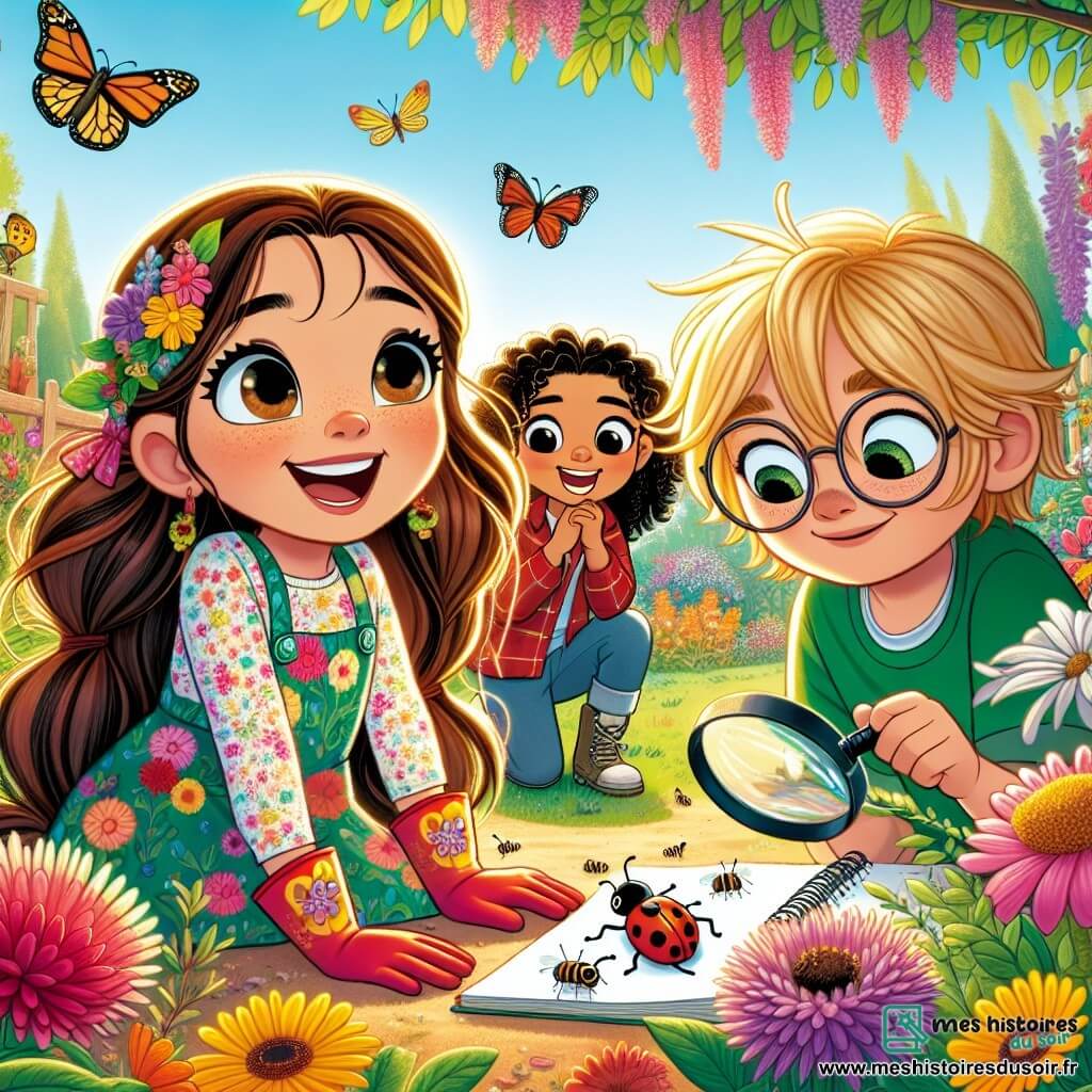 Léa, une fille de 12 ans aux longs cheveux bruns et aux yeux curieux, se tient au centre de l'image dans une robe colorée à motifs floraux et des gants de jardinage, souriant en observant une abeille sur une fleur. À sa droite, Thomas, son ami blond aux lunettes, dessine une coccinelle sur un carnet, concentré. À sa gauche, Emma, une fille de 11 ans aux cheveux bouclés et en t-shirt vert, examine une fourmi avec une loupe, émerveillée. Le jardin printanier est vibrant de couleurs avec des fleurs éclatantes, des arbres en fleurs et des papillons, sous un ciel bleu et ensoleillé. Léa et ses amis explorent le jardin, découvrant la beauté des insectes et des fleurs tout en partageant des rires.