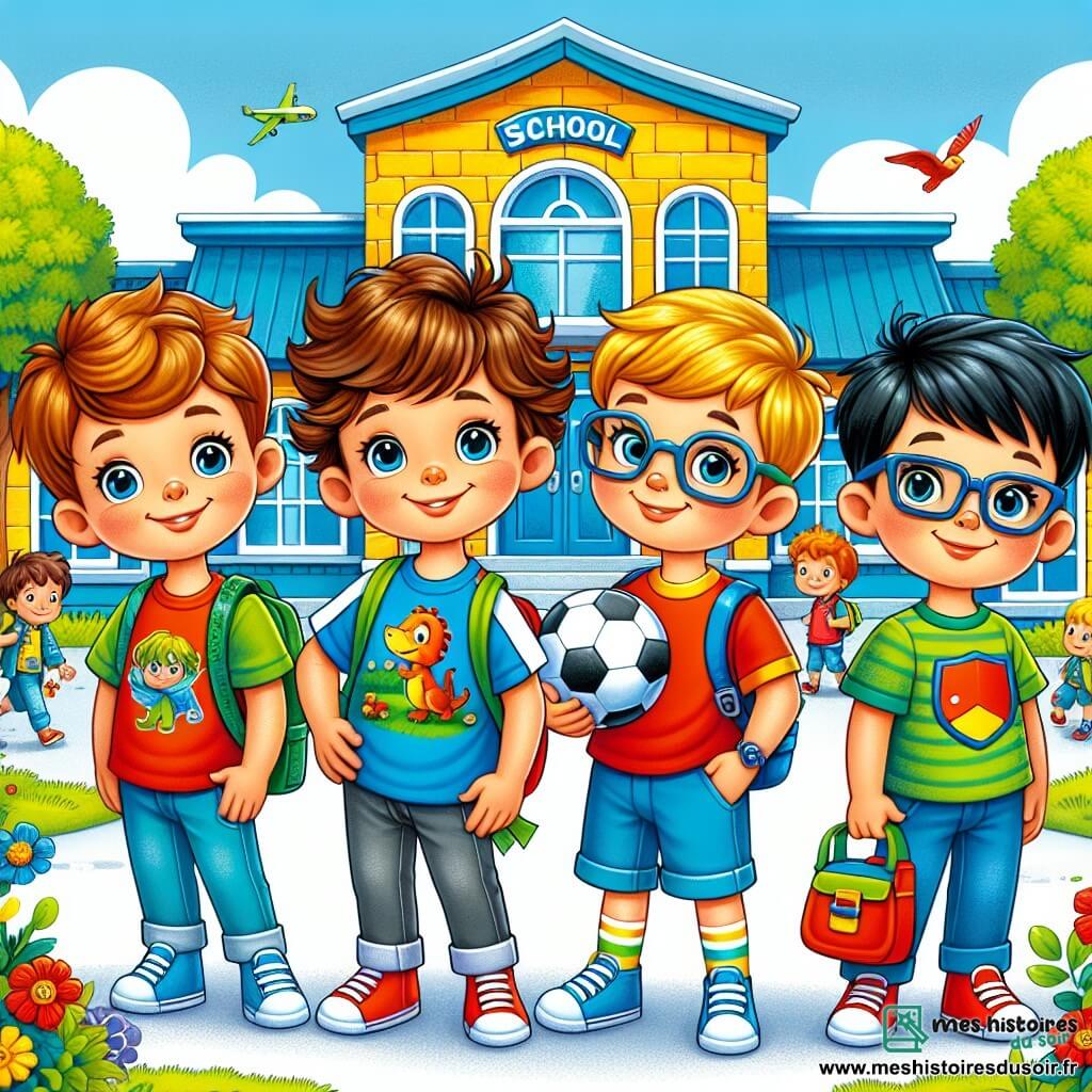 Quatre garçons de 7 à 8 ans se tiennent devant leur école. Léo, aux cheveux bruns et bouclés, porte un t-shirt bleu avec un dinosaure et un sac à dos rouge. À sa droite, Max, blond et portant des lunettes, est en t-shirt vert et tient un ballon de football. À gauche, Tom, aux cheveux châtains, a un t-shirt rouge avec un super-héros et un sourire éclatant. Enfin, Sam, le plus petit avec des cheveux noirs et un t-shirt jaune, tient un petit gâteau en plastique et semble un peu timide mais heureux. L'école, un bâtiment coloré avec des murs jaunes et bleus, est entourée d'un jardin fleuri où des enfants jouent. Les quatre amis échangent des sourires et des rires, impatients de commencer leur première journée.