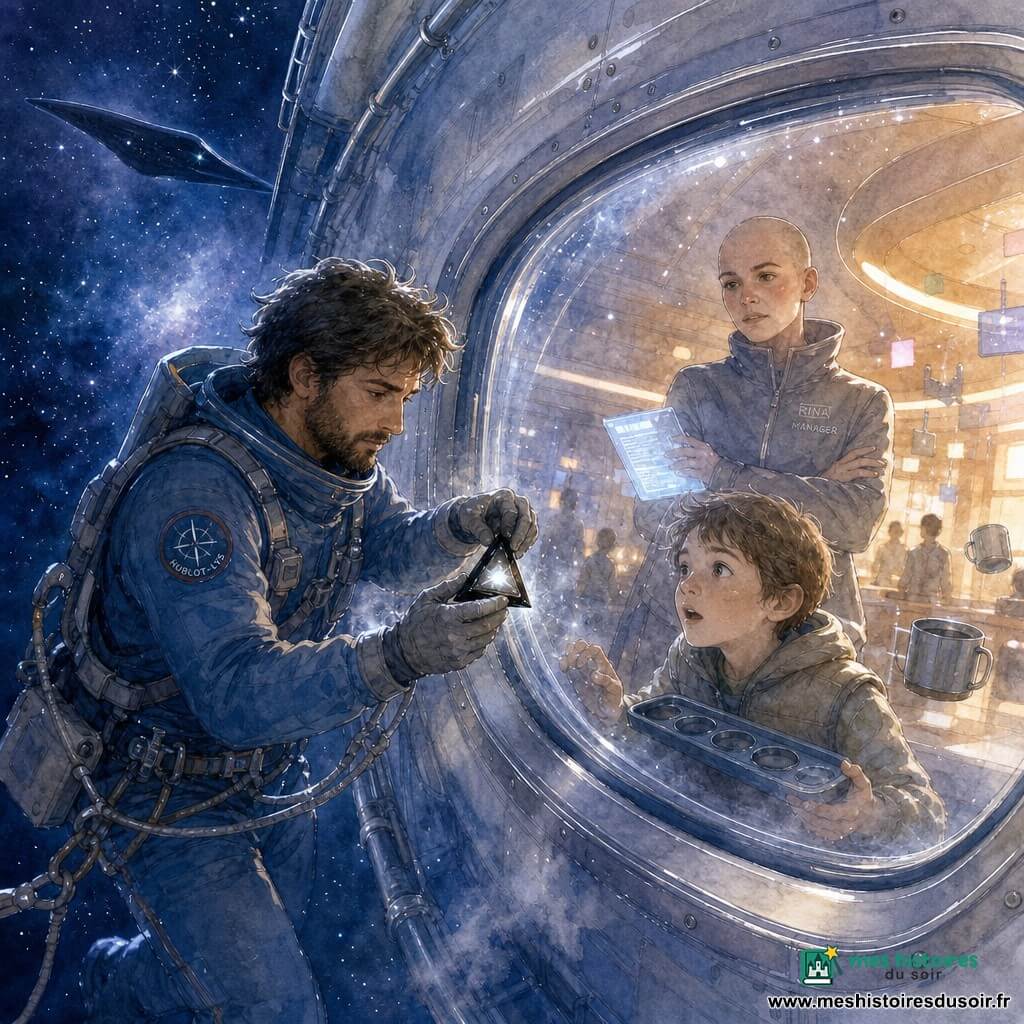 Malo, ingénieur spatial la trentaine avec une barbe de quelques jours, en combinaison spatiale bleue accroché au rail par une ligne de sécurité, tient une petite balise triangulaire noire qui pulse d’une lumière pâle; derrière la vitre du vaste hublot ovale de la station Hublot-Lys, Rina, cheffe des installations aux cheveux ras, bras croisés et tablette à la main, le regarde inquiète tandis que Nils, un garçon d’une douzaine d’années au gilet trop grand, le nez collé au verre tient un plateau aimanté; on distingue le cadre métallique argenté, rails et attaches, reflets d’étoiles, une fine vapeur d’air et une nébuleuse bleue en arrière-plan, silhouettes floues, tasses aimantées et rubans lumineux à l’intérieur; scène principale: une EVA délicate au crépuscule spatial — Malo décroche une balise coincée dans le joint du hublot pendant qu’une ombre lisse et sombre glisse discrètement en arrière-plan, composition dynamique contrastant la lumière froide de l’espace et les tons chauds de l’intérieur avec rehauts blancs sur les bords du verre et particules flottantes.