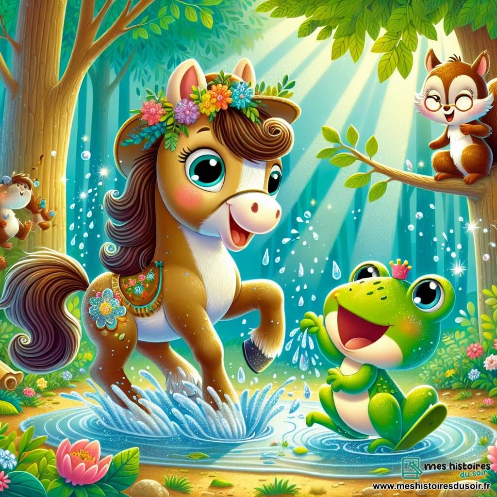 Un cheval nommé Polo, avec une crinière ondulante et un chapeau à fleurs, saute dans une flaque d'eau, éclaboussant autour de lui. À côté, Lila la grenouille saute sur une feuille, riant et faisant des ploufs. Mimi l'écureuil, avec sa fourrure brune, cherche ses lunettes sur une branche. La scène se déroule dans une forêt enchantée, où des rayons de soleil filtrent à travers les feuilles, créant une ambiance joyeuse et ludique.