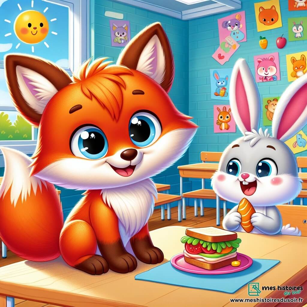 Un petit renard aux poils roux et soyeux, avec de grands yeux brillants et un sourire timide, est assis à une table dans une salle de classe lumineuse. Il tient un sandwich et regarde autour de lui avec curiosité. À côté de lui, un petit lapin aux oreilles longues et blanches, joyeux et amical, partage un dessert coloré. La salle est décorée de dessins colorés, avec des fenêtres laissant entrer la lumière du soleil et des pupitres en bois bien rangés. Renaud et Léo discutent joyeusement de leurs goûters, entourés d'autres animaux qui jouent et rient, créant une atmosphère chaleureuse.