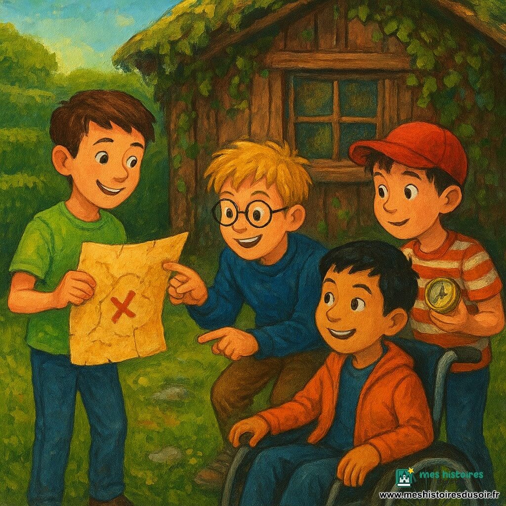 Quatre garçons : Léo (10 ans, cheveux bruns courts, t-shirt vert clair, jean) debout à gauche tenant une vieille carte jaunie ouverte vers le centre ; Tom (11 ans, cheveux blonds en bataille, lunettes rondes, pull bleu) accroupi au centre devant la cabane, pointant un X sur la carte ; Hugo (10 ans, cheveux châtain, casquette rouge, t-shirt rayé) à droite, regard curieux, tenant une boussole brillante de la main gauche ; Max (10 ans, cheveux noirs, veste orange) assis en fauteuil roulant manuel au premier plan légèrement à droite, poussant doucement et souriant avec confiance. Lieu : vieille cabane en bois couverte de lierre et de mousse, fenêtres à petits carreaux éclairées, entourée d’un labyrinthe de haies, herbe printanière parsemée de fleurs jaunes et pierres moussues. Situation : les quatre amis découvrent une carte au trésor devant la cabane abandonnée, ambiance d’aventure joyeuse, couleurs chaudes et textures marquées, composition centrée sur la carte ouverte et les visages excités.