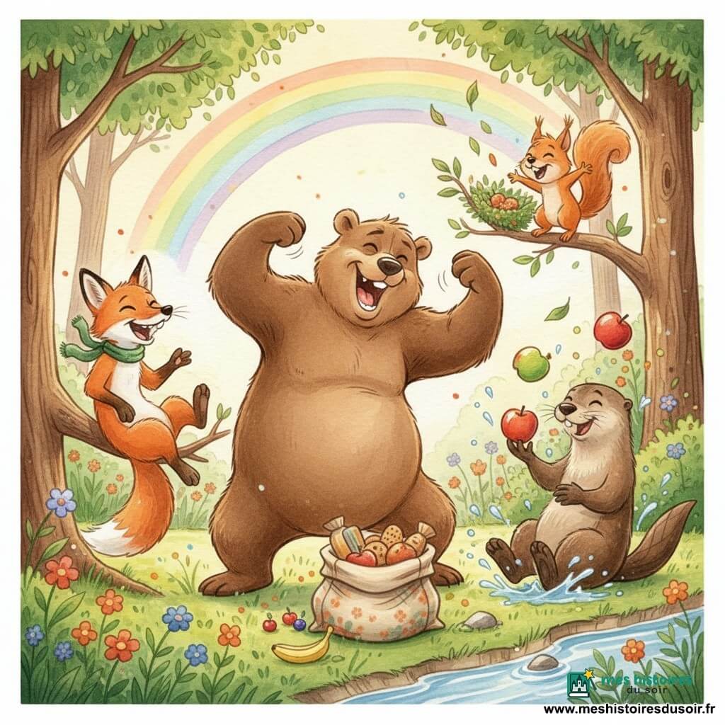 Barnabé, gros ours brun rond et doux, se tient au centre d'une clairière baignée de lumière dorée en faisant une grimace théâtrale qui déclenche un rire général; à gauche Lucien, renard roux élancé à petite écharpe verte, rit aux éclats après avoir trébuché sur une branche, à droite Margot, loutre au pelage chocolat, jongle maladroitement avec trois pommes près d'un ruisseau tandis que des éclaboussures dansent autour d'elle, et derrière Barnabé Édouard, petit écureuil roux, perché sur une branche basse, exécute une danse gauche qui a fait tomber des feuilles virevoltantes; herbe parsemée de fleurs, arc‑en‑ciel doux et arbres aux troncs texturés entourent la scène, un sac à goûter en toile à motifs au pied de Barnabé laisse dépasser biscuits et fruits — situation : concours de blagues joyeux et animé, gestes exagérés et expressions nettes, rendu en aquarelle tendre aux couleurs vives et harmonieuses, contours légèrement flous et éclaboussures contrôlées pour donner mouvement et joie.