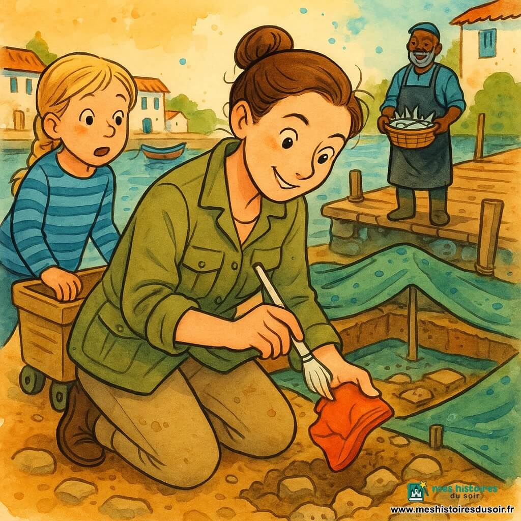 Une archéologue souriante et concentrée d'une trentaine d'années, cheveux châtain en bun, veste kaki, genou près du sol, nettoie délicatement un fragment de poterie rouge-orangé avec un petit pinceau; à gauche, une fille pêcheuse d'environ 10 ans, cheveux blonds en tresse et pull rayé bleu, observe, mains sur une caisse à roulettes, bouche entrouverte; à droite en arrière-plan, un pêcheur d'environ 50 ans, barbe grise et tablier sombre, tient un panier de sardines depuis le quai; décor : petit port de village avec quais en bois usé, barques colorées, maisons blanches aux volets bleus, sol ocre et pierres partiellement dégagées, bâches vertes et sacs de sable protégeant le carré de fouille, gouttes de pluie récentes, lumière douce du soir, atmosphère tranquille et collaborative, style encre colorée à traits fins et textures aquarelle aux couleurs chaudes.