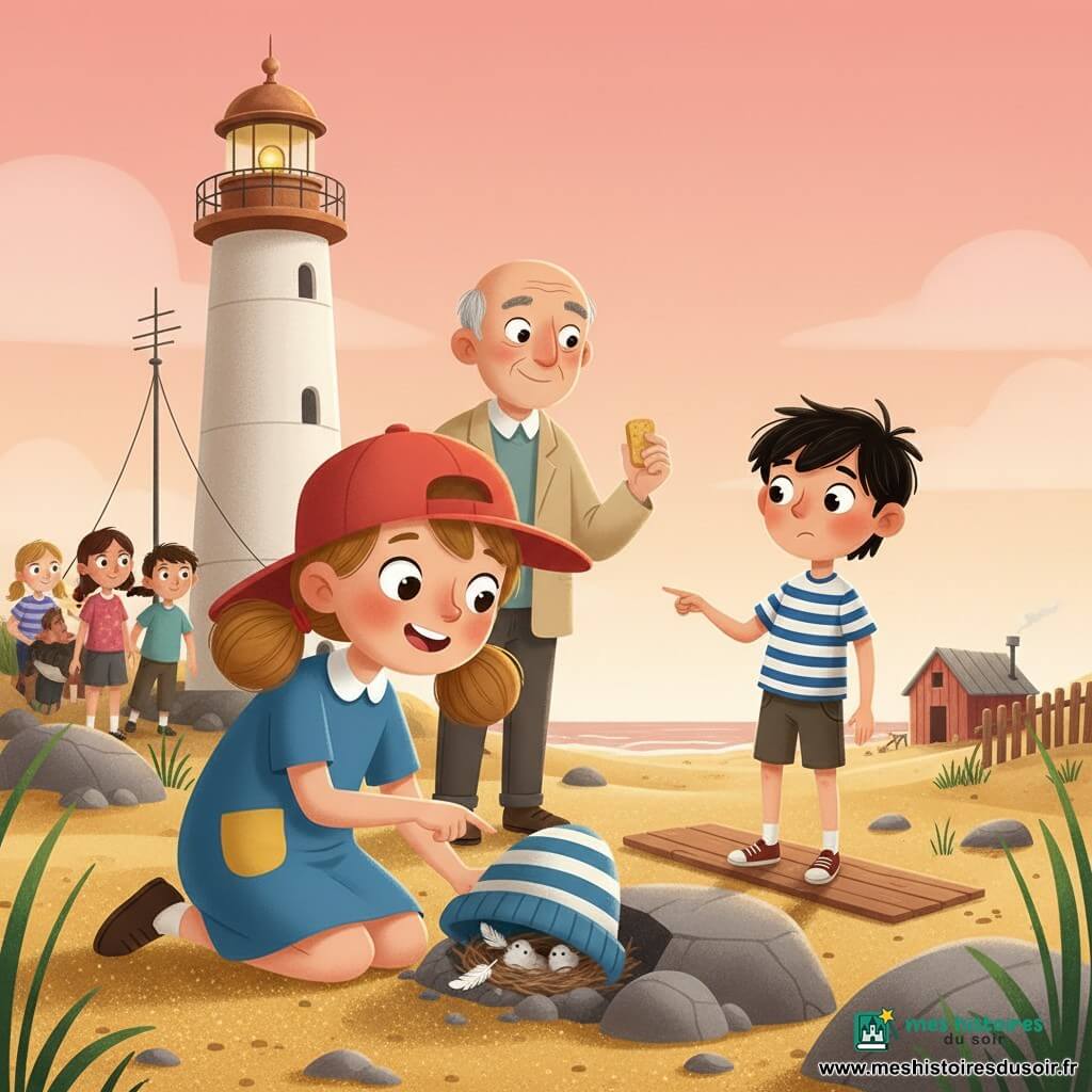 Une fillette de 6 ans, joyeuse et concentrée, casquette rouge trop grande, cheveux châtain clair en couettes, yeux ronds, tenue bleue et jaune, agenouillée sur le sable en train d'indiquer doucement un chapeau rayé bleu et blanc posé près d'un nid; derrière elle, un gardien de phare d'environ 60 ans, visage ridé et doux, veste beige, sourit calmement en tenant une biscotte près d'une antenne de phare; un garçon nommé Marin, ~8 ans, cheveux noirs en bataille, t-shirt rayé, rougit timidement en montrant une cabane de pêcheur au loin depuis une planche en bois; quelques enfants du village (5–9 ans) observent à distance, groupés près d'une barrière en bois; lieu : plage de sable doré, rochers gris polis, grand phare blanc avec lanterne en cuivre en arrière-plan, petite cabane rouge à droite, herbes marines et algues, ciel rose-orangé au coucher; situation : découverte paisible — le chapeau protège un nid dans une crevasse avec petites plumes blanches visibles, ambiance tendre, lumière chaude, textures détaillées, palette douce bleu-beige-rose, composition centrée sur la fillette, perspective à hauteur d'enfant, rendu clair et lisible pour enfants.
