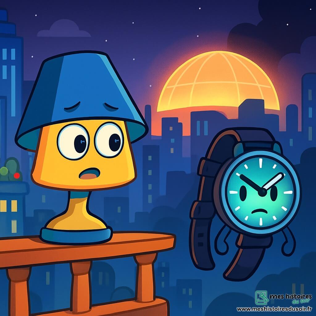 Pixel, une lampe de chevet animée, brille avec des yeux ronds et scintillants, perchée sur la rambarde de son balcon flottant, affichant une expression d'inquiétude et d'excitation en observant la ville. À ses côtés, Nova, une montre futuriste avec un cadran lumineux, affiche une expression déterminée et flotte légèrement au-dessus du sol, prête à accompagner Pixel. Le décor est LuminoCity, une ville futuriste avec des gratte-ciels scintillants et un dôme lumineux clignotant, créant une atmosphère magique et mystérieuse. Pixel et Nova regardent le dôme vacillant, tandis qu'une ombre inquiétante s'étend sur la ville, annonçant une aventure pleine de mystères.