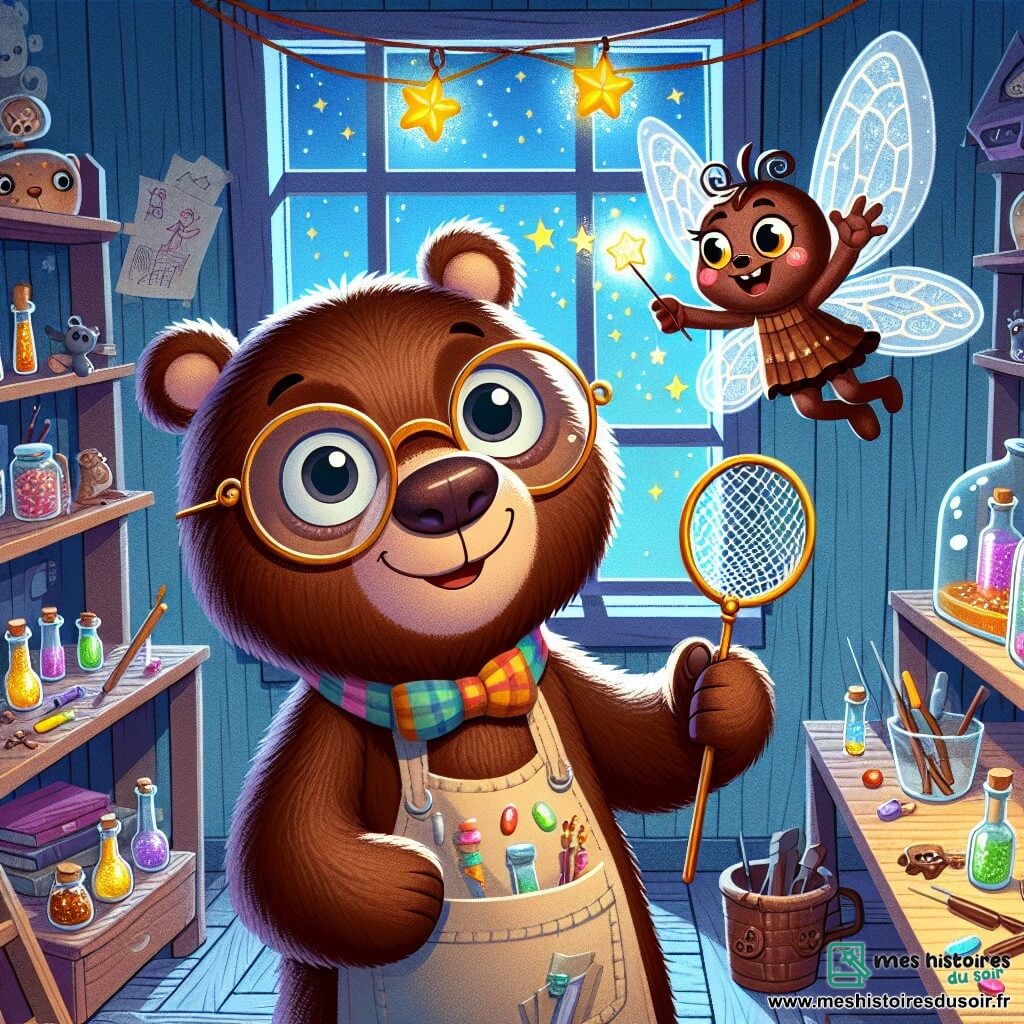 Grizzou, un ours brun aux lunettes rondes et au tablier coloré, est dans son atelier, tenant un filet scintillant. À côté, une petite fée en chocolat avec des ailes translucides vole autour de lui en agitant une baguette magique. Des étagères débordent de fioles colorées et de gadgets étranges, tandis qu'une fenêtre laisse entrer la lumière des étoiles. La scène montre Grizzou prêt pour l'aventure, entouré de créativité et d'amitié, s'apprêtant à capturer les étoiles.