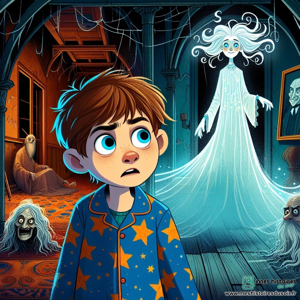 Un garçon de 8 ans, Eliot, aux cheveux châtains en bataille et aux yeux curieux, se tient dans un couloir sombre. Son visage exprime émerveillement et peur, et il porte un pyjama bleu à étoiles. À ses côtés, une vieille dame fantomatique au visage pâle et aux cheveux argentés l'observe avec un sourire mystérieux, vêtue d'une robe blanche. La maison ancienne, avec ses murs en bois craqué et des portraits inquiétants, est éclairée par un chandelier poussiéreux. Eliot, intrigué, s'avance prudemment vers la vieille dame, tandis qu'un souffle glacé fait onduler les pages d'un livre ancien sur une table à proximité.