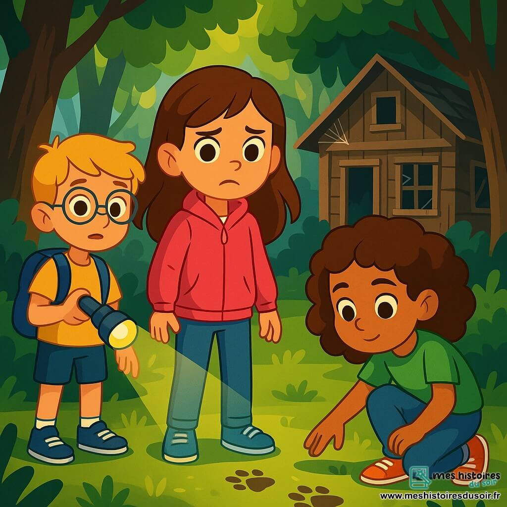 Emma, une petite fille de 8 ans aux longs cheveux bruns et aux yeux curieux, se tient dans une forêt dense. Elle porte une veste rose vif et un jean bleu, affichant une expression d'inquiétude et de détermination. À ses côtés, Lucas, un garçon de 9 ans aux cheveux blonds et lunettes rondes, tient une lampe de poche avec une expression attentive. Léa, une amie de 8 ans aux cheveux bouclés et t-shirt vert, est accroupie, examinant des traces de pas avec concentration. La scène se déroule dans une forêt mystérieuse avec des arbres hauts et des rayons de soleil filtrant à travers les branches, créant une ambiance magique. Au fond, une cabane en bois usée par le temps semble cacher un secret. Les enfants enquêtent sur la disparition de Caramel, le chat d'Emma, cherchant des indices au sol, leurs visages illuminés par l'excitation de l'aventure.