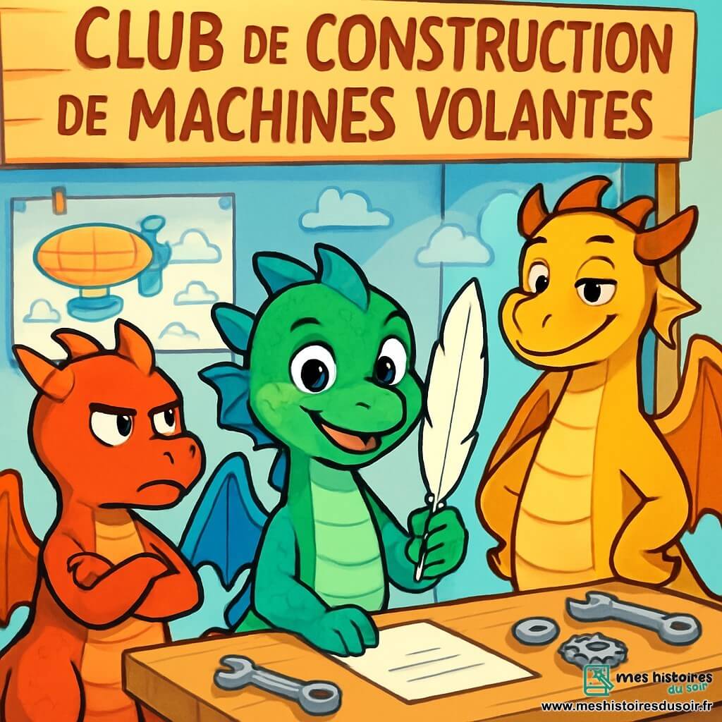 Léna, une jeune dragonne aux écailles vertes et bleues, se tient au centre, souriante et déterminée, tenant une plume d'inscription. À sa droite, Hugo, un dragon rouge, la regarde avec scepticisme, les bras croisés. À gauche, Max, un dragon doré, sourit moqueusement, curieux. Ils sont au stand du club de construction de machines volantes, décoré de maquettes colorées et d'outils éparpillés. Léna, courageuse, s'inscrit au club, défiant les stéréotypes, tandis que les autres élèves expriment surprise et incrédulité.