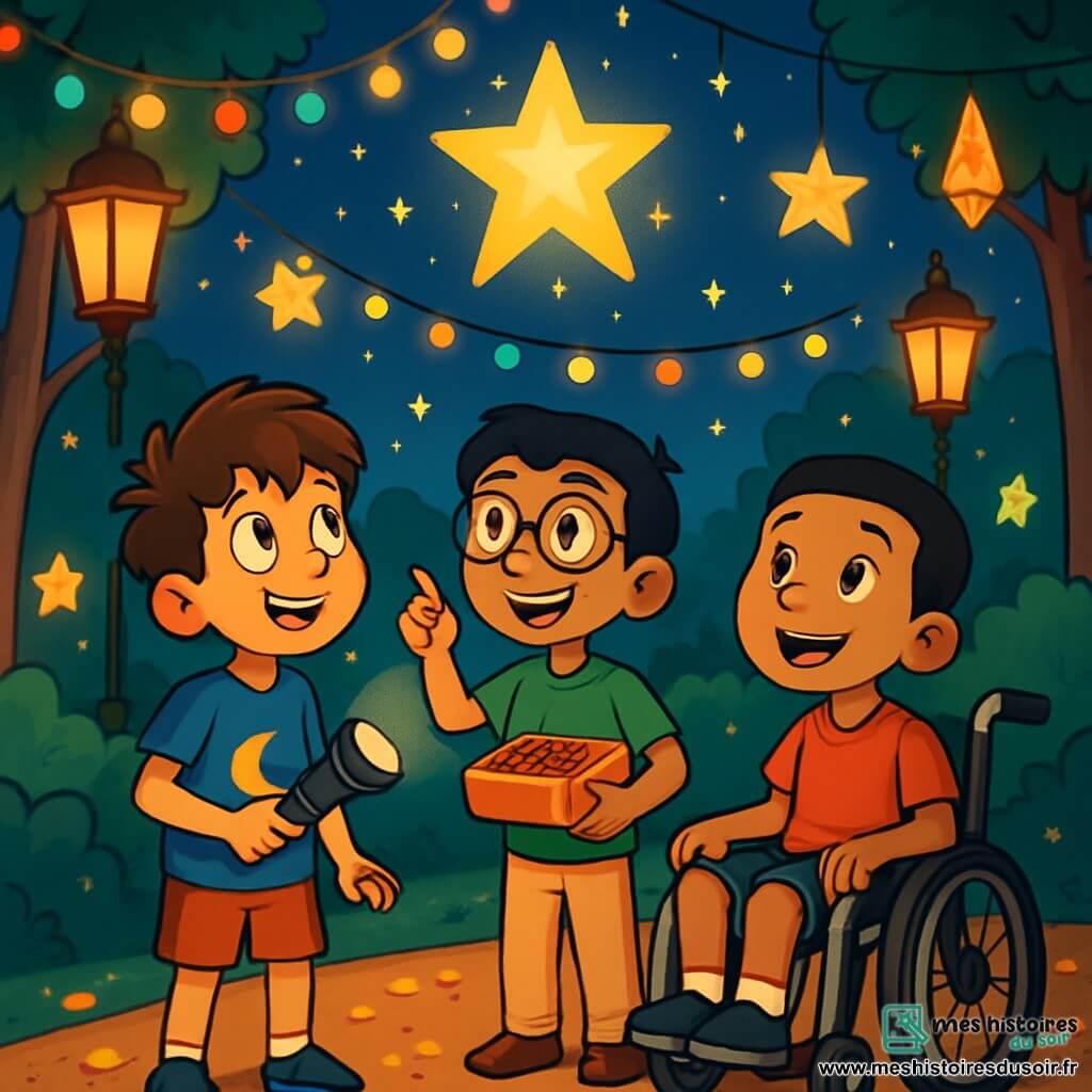 Trois personnages se trouvent dans un square magique : Rami, un garçon de 10 ans avec des cheveux bruns en bataille et un t-shirt bleu, tient une lampe de poche et regarde le ciel ; Lounès, également âgé de 10 ans, avec des cheveux noirs et des lunettes rondes, porte un t-shirt vert et sourit en montrant une étoile avec une boîte de dattes ; Yassine, le même âge, est assis dans un fauteuil roulant, vêtu d’un t-shirt rouge, et admire les étoiles. Le square est illuminé par des lampadaires scintillants et des guirlandes colorées, avec un sol couvert de pétales de fleurs et une odeur de fleur d’oranger. Les trois amis sont émerveillés par une étoile dorée qui descend du ciel, illuminant leurs visages, tandis que des enfants jouent autour d’eux, créant une ambiance festive.